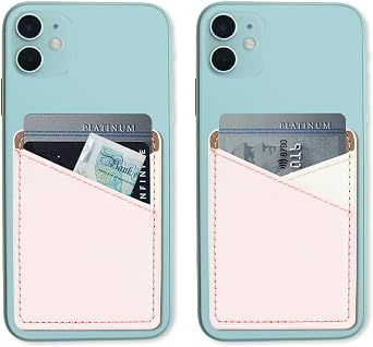 2 Pack Phone Card Holder for Back of Phone, Leather Phone Wallet Stick On, Credit Card Holder for Phone Case Compatible with iPhone, Android Phone - Cross Pattern - BeigePink Leather