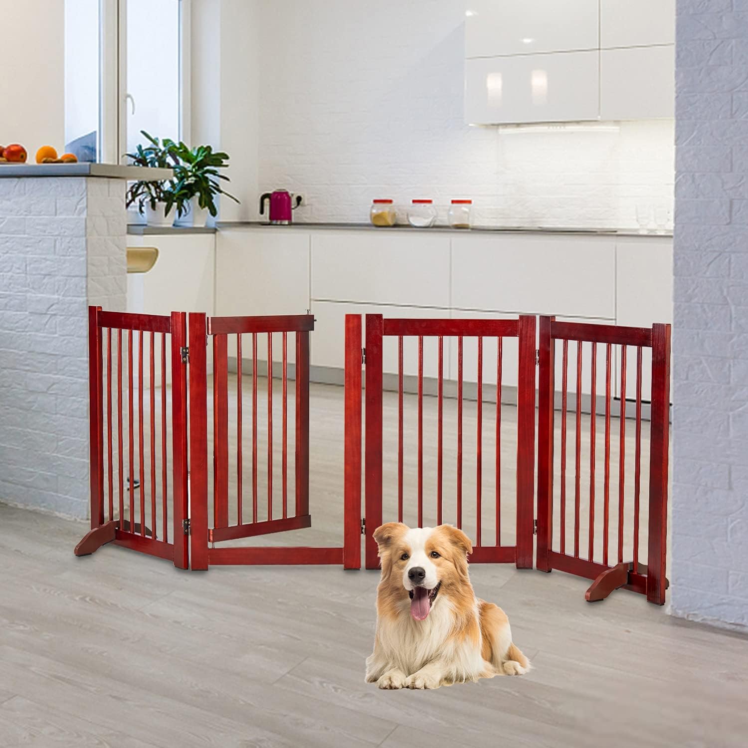 Buy Freestanding Dog Gate Expandable Decorative Wooden Fence for Dogs