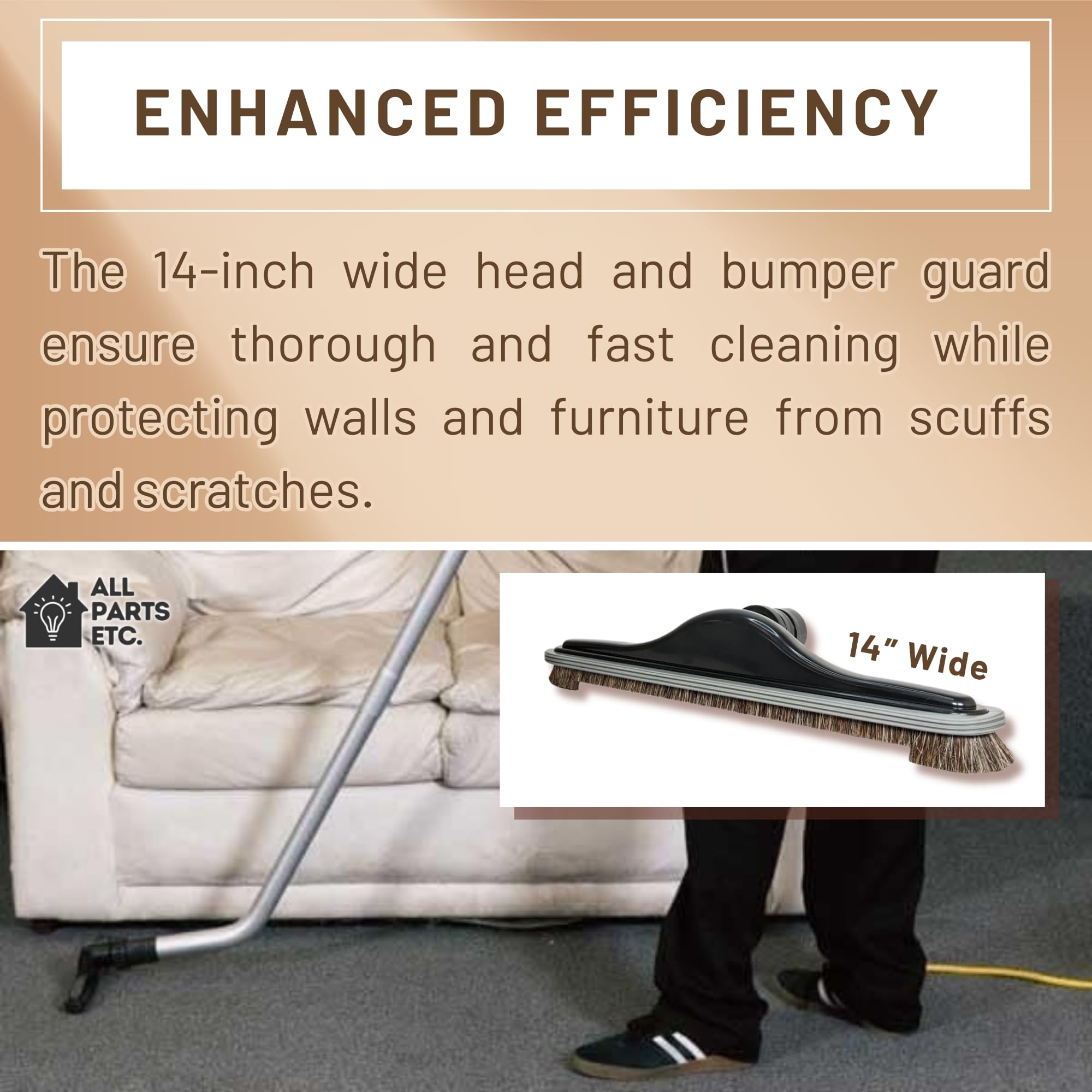 Cepillo comercial resistente para azulejos de madera dura de 14 pulgadas de ancho con parachoques para aspiradora de cerdas suaves de crin de caballo natural, sanitario, alfombra Pro,