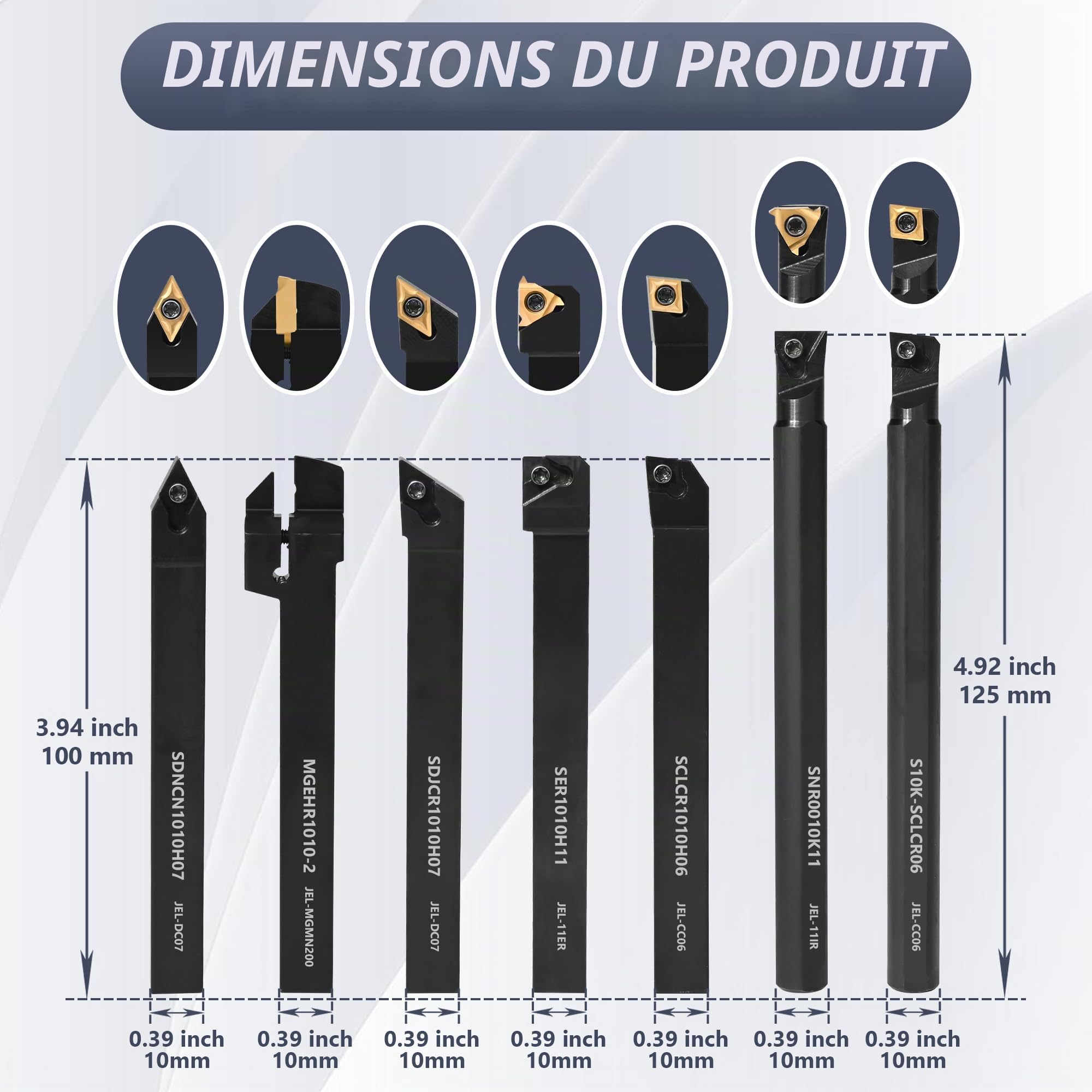 Lot de 21 outils de tournage indexables avec tiges de 10 mm, 7 porte-outils de tournage en métal et 14 inserts en carbure pour tournage, rainurage, filetage, barre d'alésage et outil de coupe
