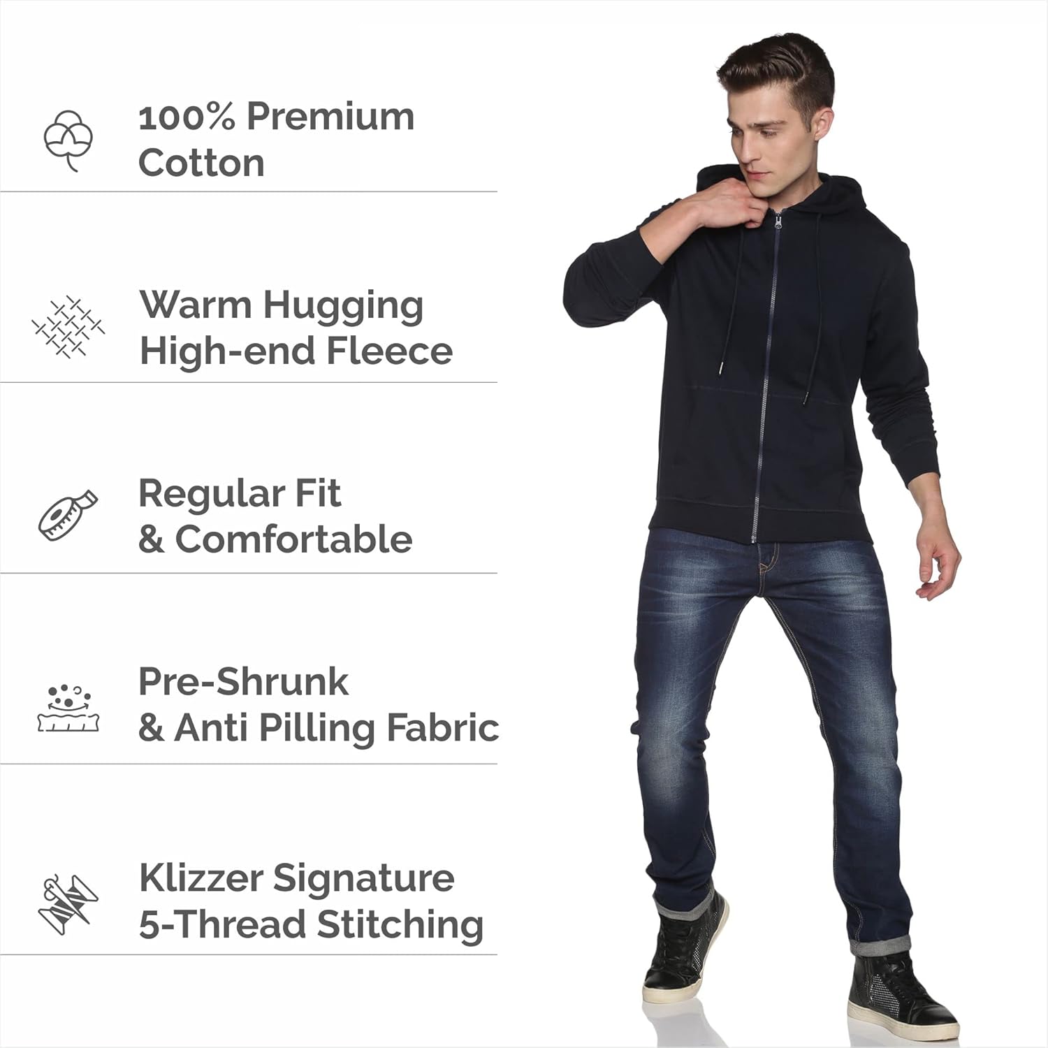 Zip Up Hoodie Men 100% Cotton Fleece Heavyweight Hooded Sweatshirt, Comfortable Full Zipper Jacket for Adults.