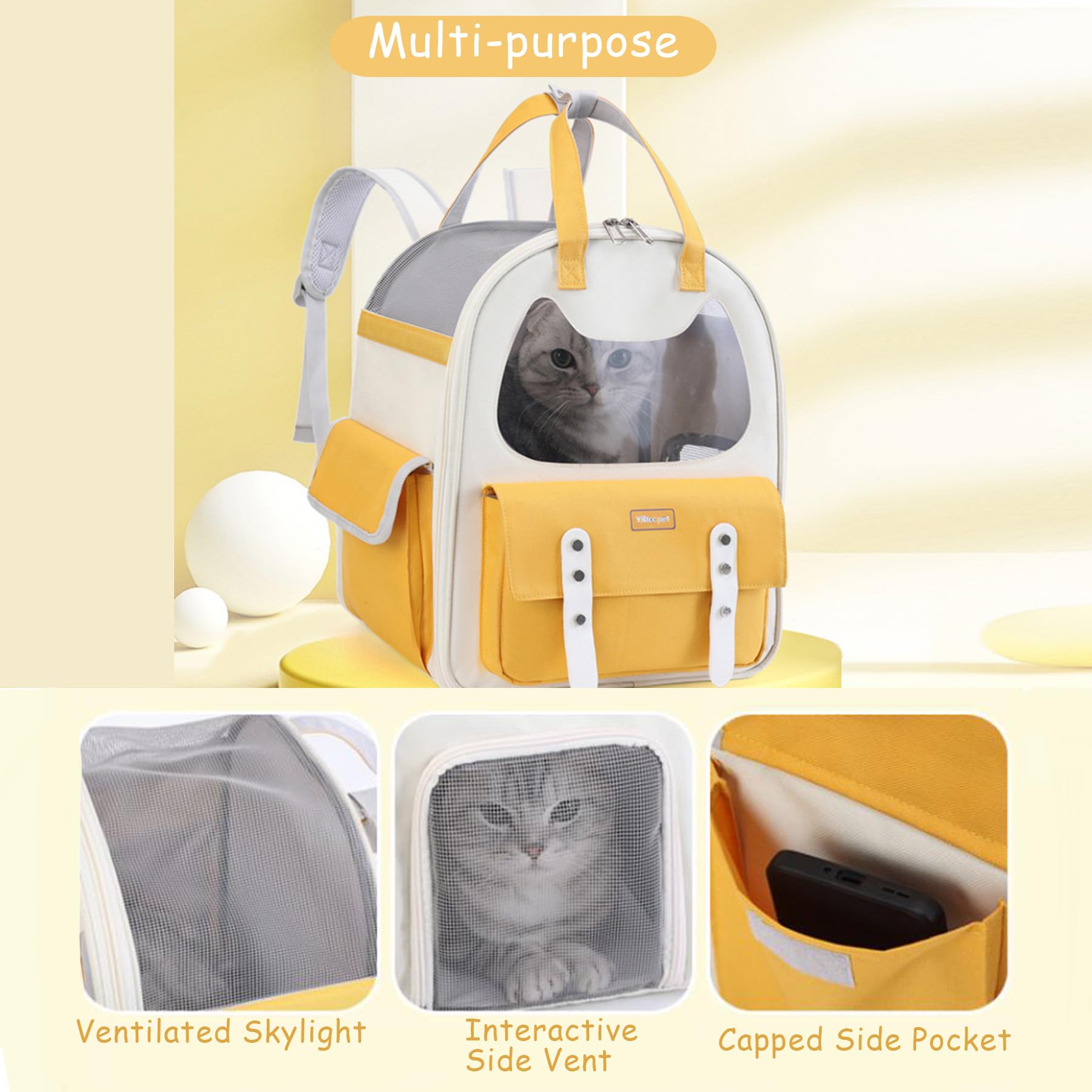 MAIGO Sac à Dos de Transport Jaune pour Chat, Petit Chien, Lapin - Maille Souple pour Voyage, Randonnée, Camping