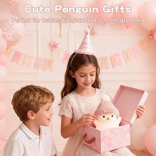 Miniatura 6 de Luz nocturna de pingüino, bonita lámpara de pingüino rosa con sombrero de punto, luz nocturna de silicona suave para bebé, recargable, regulable,