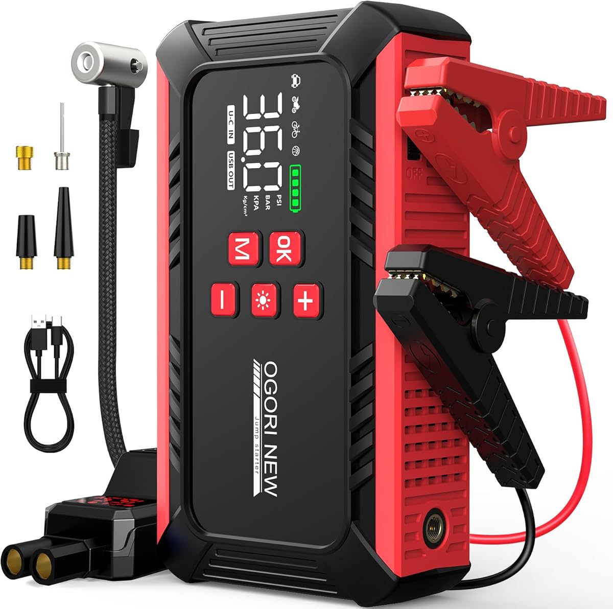 Starthilfe Powerbank 6000A mit 150PSI Kompressor, 12V Booster Auto Starthilfe für 8L Benzin/10L Diesel, Starter Powerbank mit Taschenlampe für Pkw und Motorräder