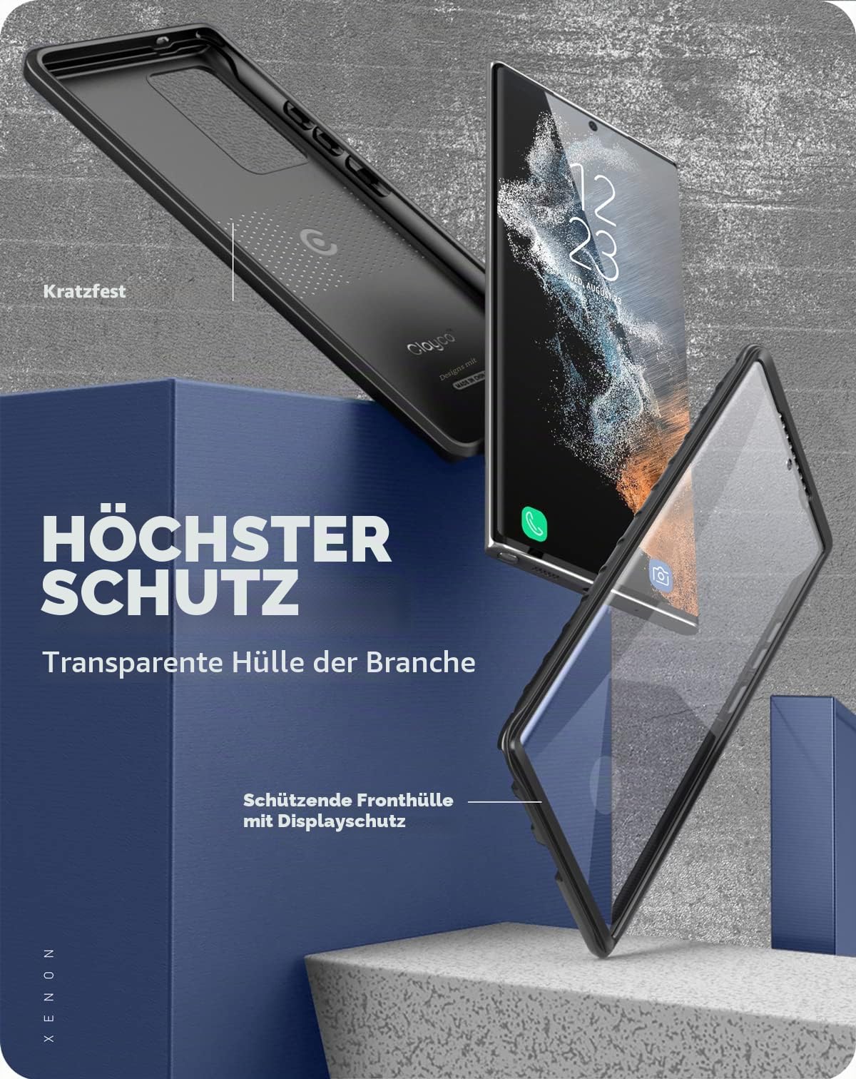 Clayco Xenon Series Hülle für Samsung Galaxy S22 Ultra (6.8") 5G 360 Grad Handyhülle Robust Schutzhülle Bumper Case Fullcover mit integriertem Displayschutz 2022 Ausgabe (Schwarz)