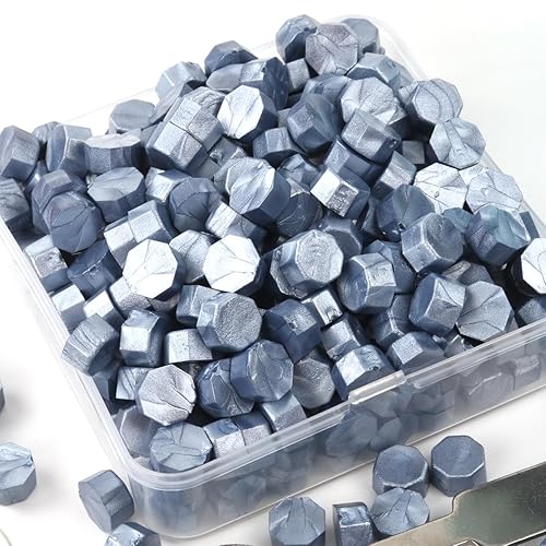 Miniatura 3 de Juego de 300 cuentas de cera de sellado azul gris para sello de cera con velas y cuchara de fusión, perfecto para tarjetas de Navidad, sobres,
