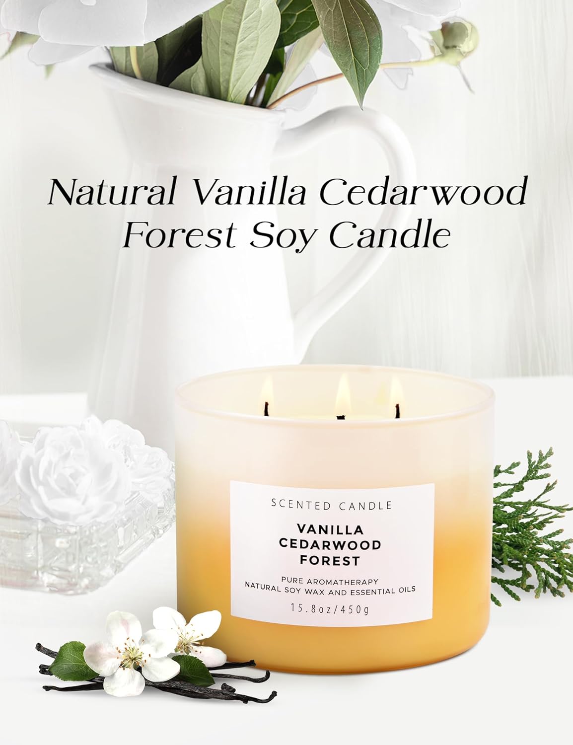 15.8oz Vanilla Cedarwood Forest 3-Wick Scented Soy Candle | 15.8 oz | Large Forest Aromatherapy Candle for Home Fragrance | Stress Relief & Relaxation | Fall Candle Gift