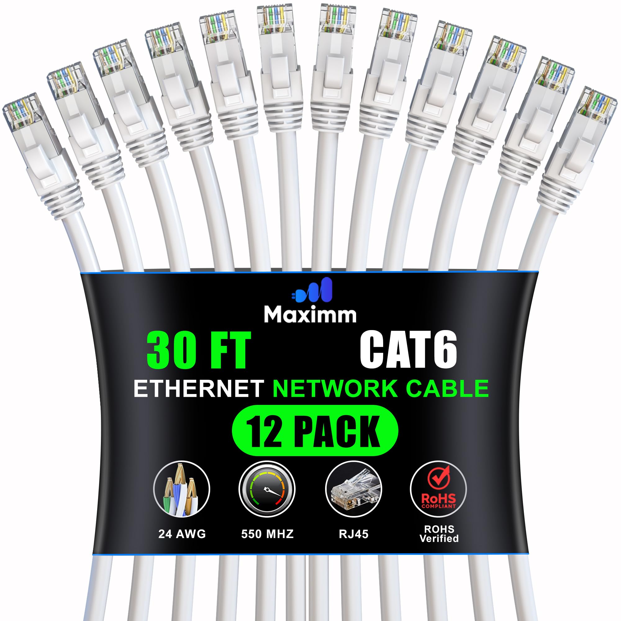 Maximm Cat 6 Ethernet Cable - 30 ft (12-Pack) - High-Speed LAN, Internet, Patch, and Network Cable - UTP, 10Gbps, 550MHz Ethernet Cord - White