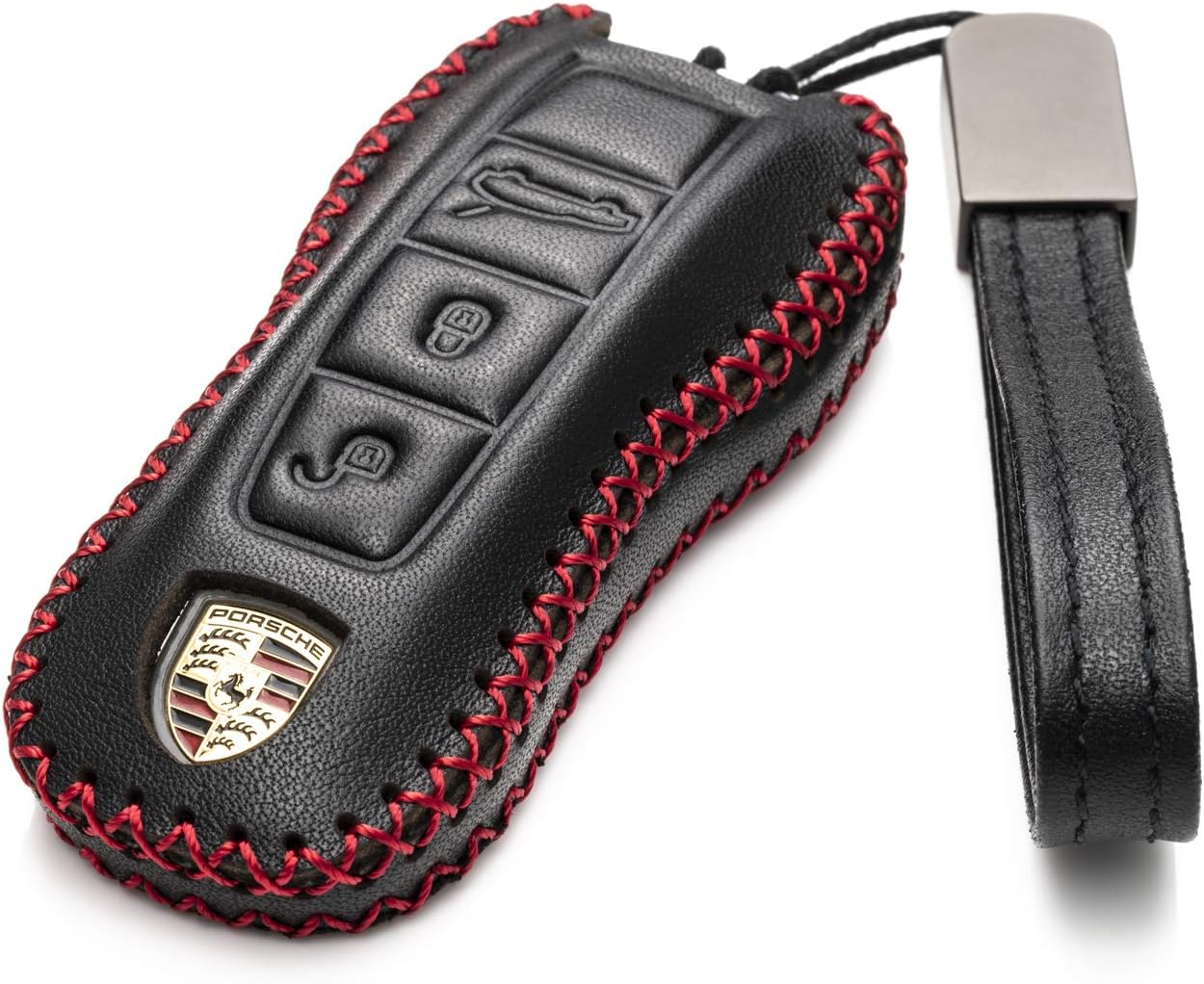 Vitodeco Genuine Leather Smart Key Fob Case Cover Protector with Leather Key Strap Compatible for Porsche Cayenne, Macan, Panamera, 718, 911, Taycan 2020 - 2026 (3-Button, Black/Red) - Image 2