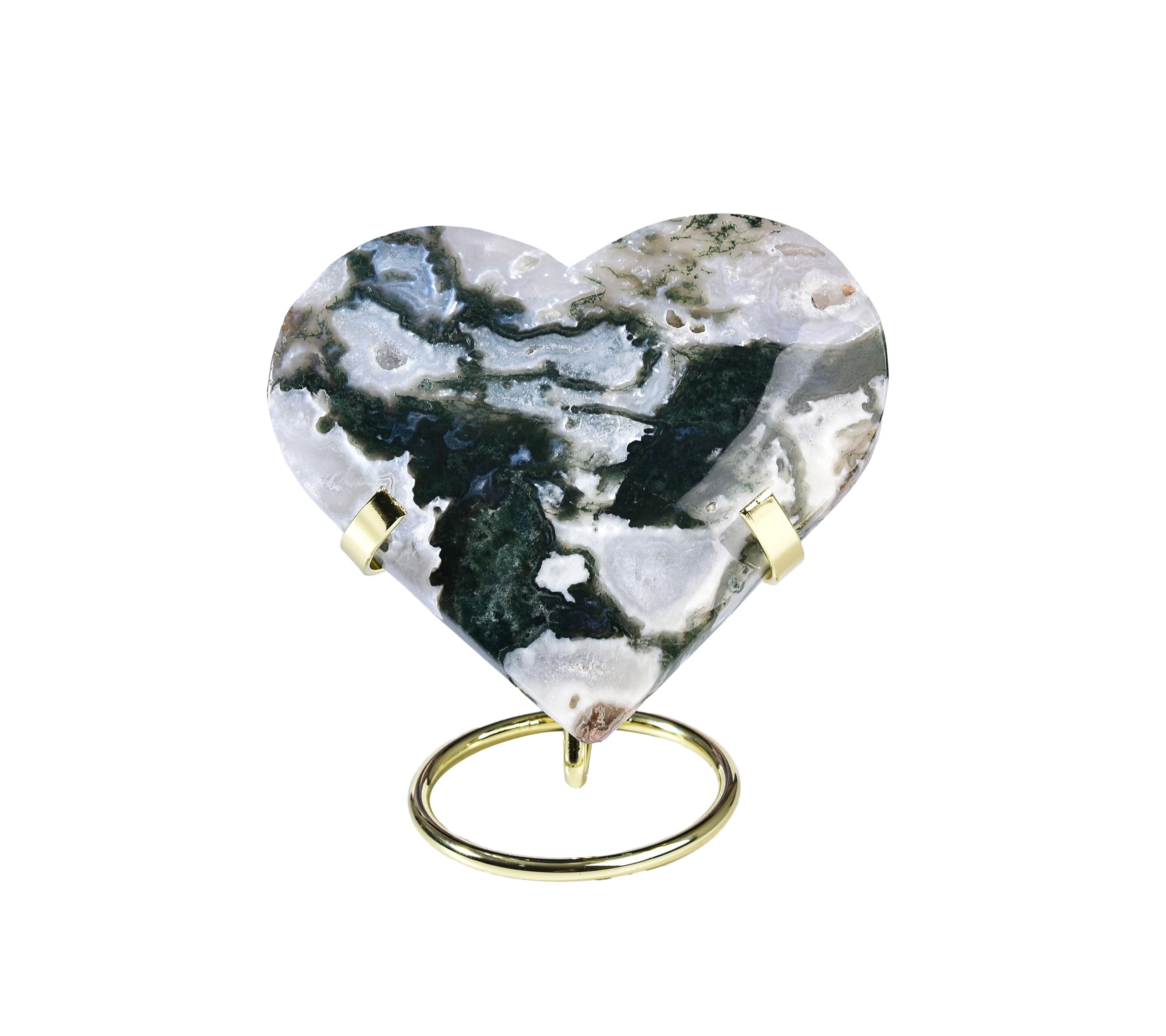AMOYSTONE Large Heart Shaped Rock Stone Moss Agate Heart Rock Collection Mineral Specimen Home Office Decor, 4.5-5"/pc with Golden Alloy Bracket