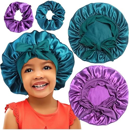 2+2 gorros de satén con coleteros para niños, bonitos gorros de pelo para niñas para dormir cabello rizado, B