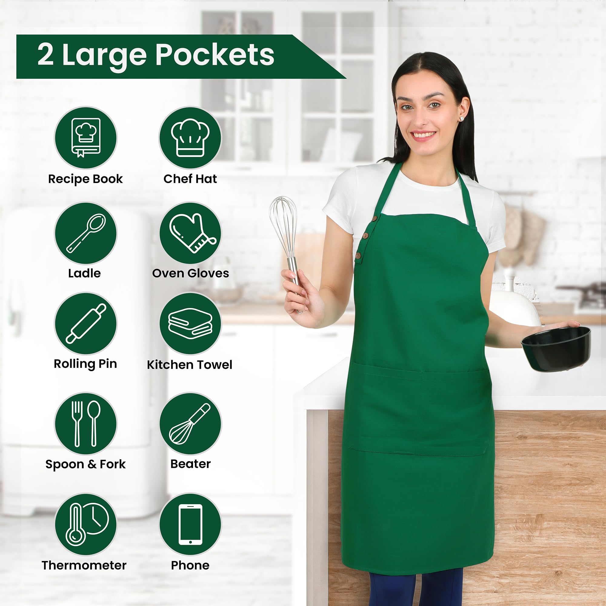 Delantal de cocina de algodón resistente a las gotas de agua con delantales ajustables para mujer con bolsillos, 8 opciones de color para cocinar