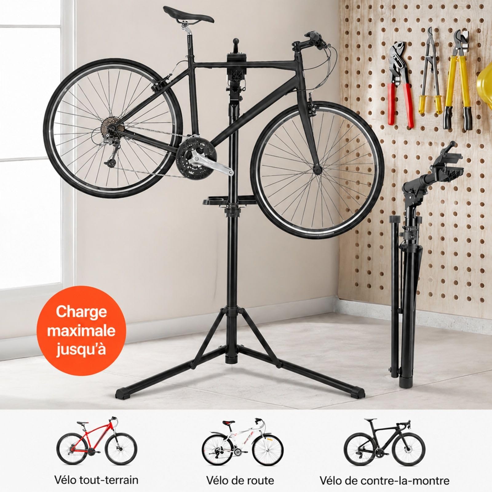 Pied d'atelier pour vélo avec plateau à outils et pince de maintien pour réparation à domicile ou atelier
