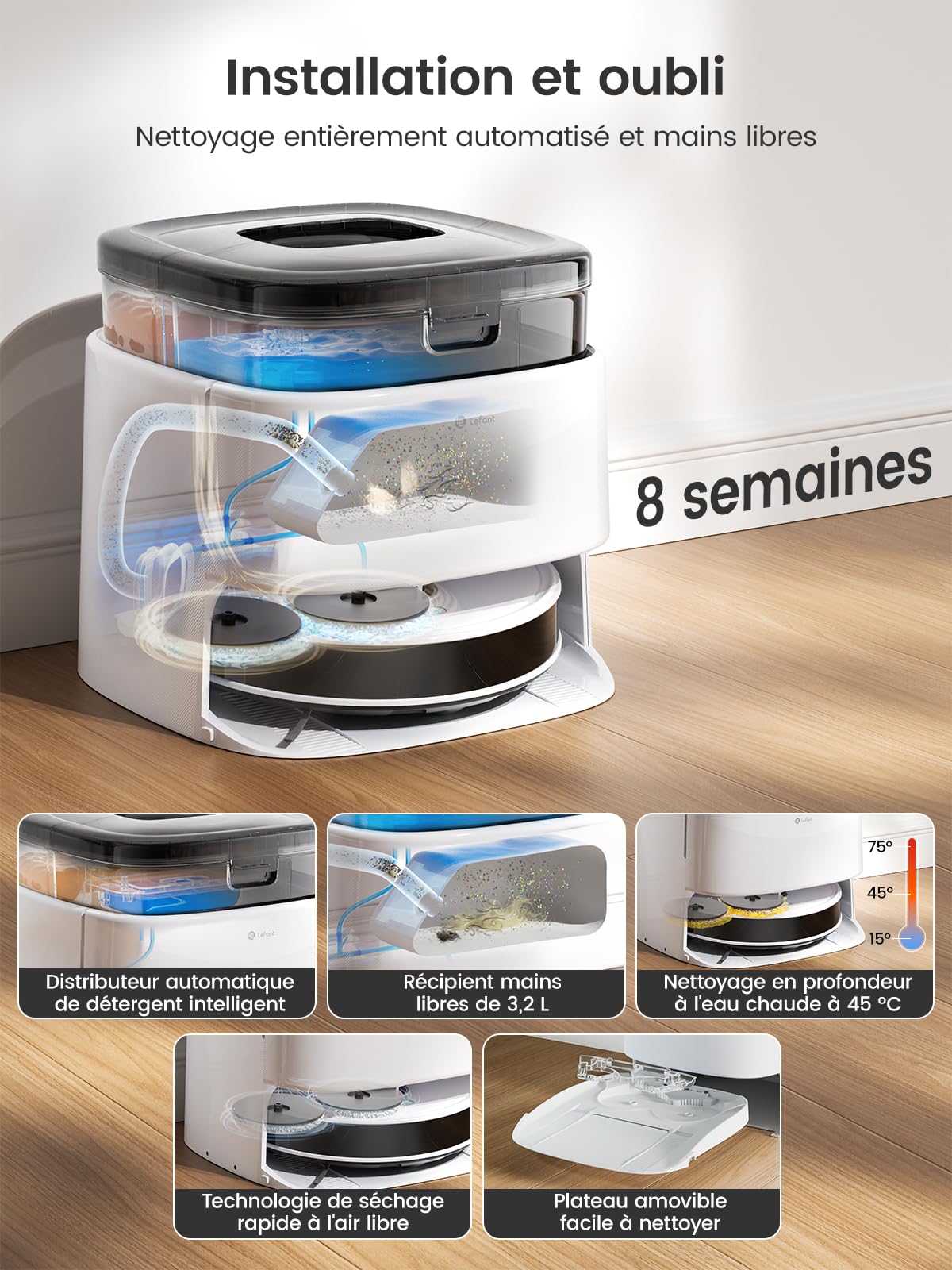 Lefant M3 Robot Aspirateur Laveur 12 000 Pa, Station Multifonctionnelle, Double Serpillière Rotative 200 TR/Min, Navigation dToF, Évitement d'obstacles PSD, 220min, WiFi 5G/APP/Alexa