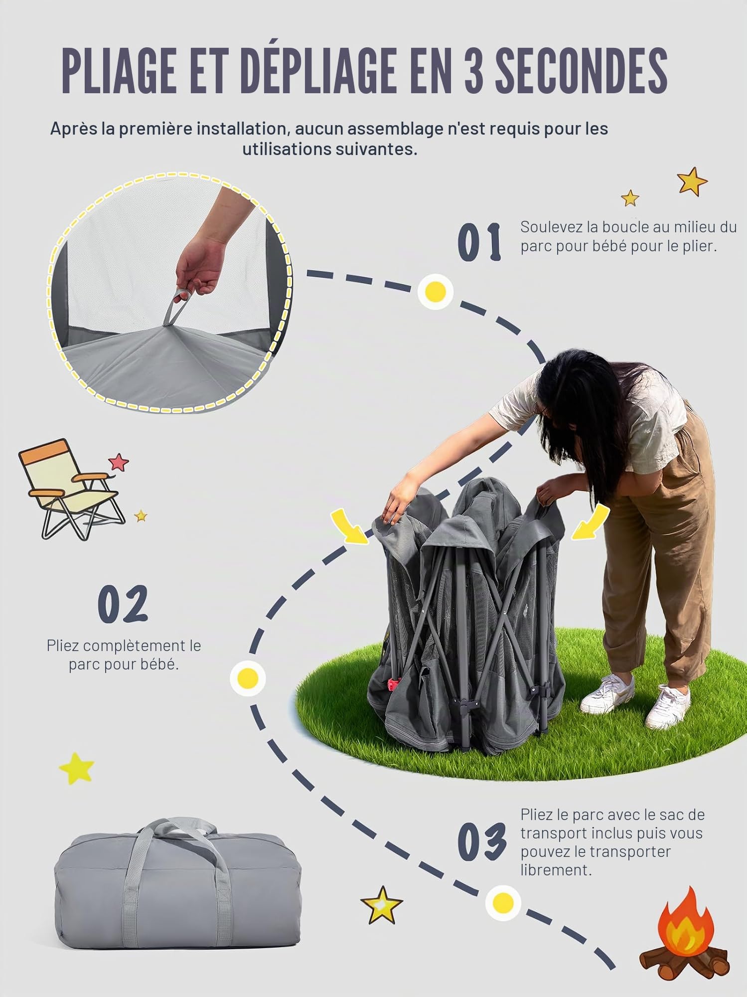 EVER ADVANCED Parc Bébé Pliable avec Matelas - Parc pour Enfant 6 Panneaux avec Ombrelle, Sécurisé pour Intérieur et Extérieur, Gris