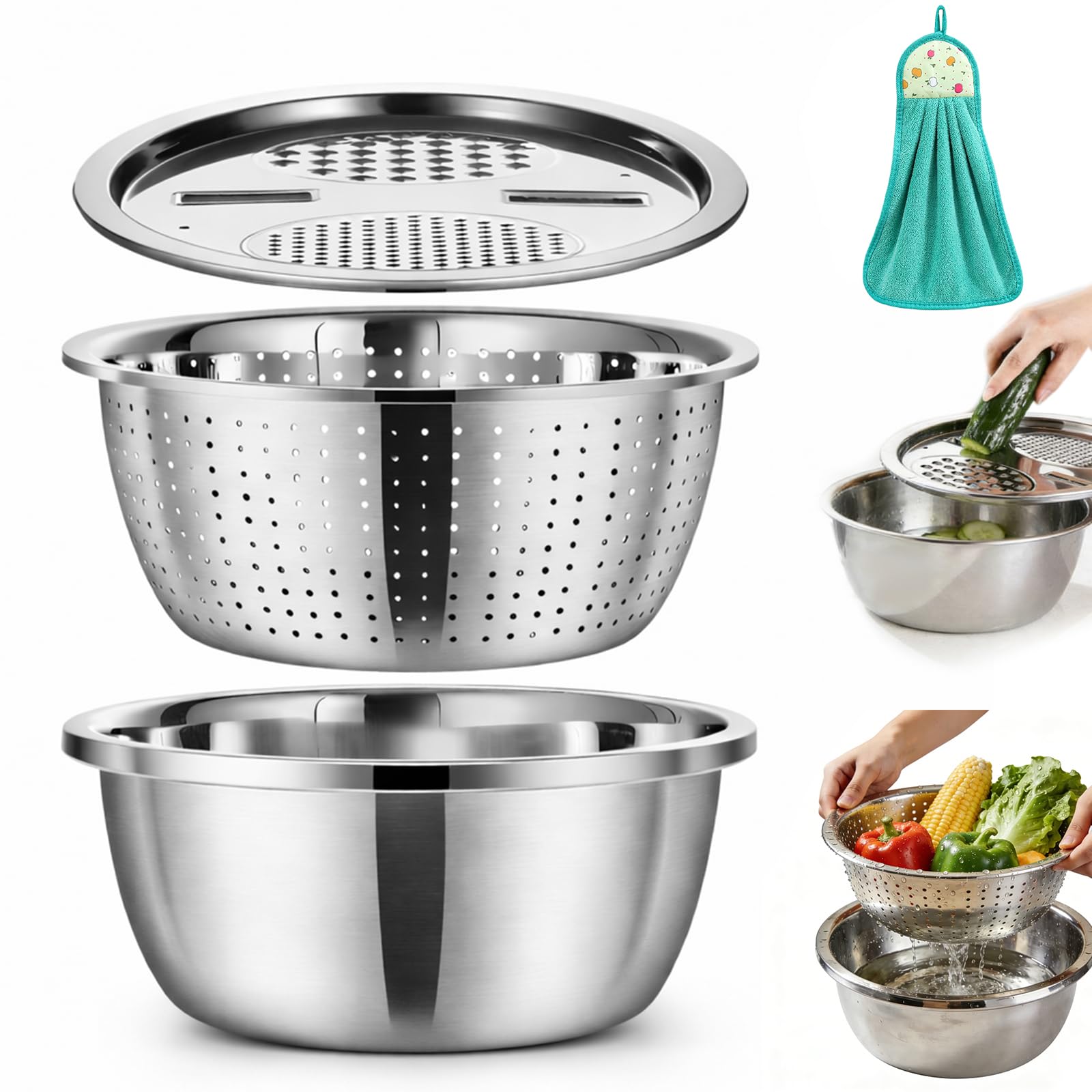 Stainless Steel Mixing Bowls Set, Germany Multifunctional Kitchen Basin with Strainer & Colander, Fruit Lettuce Spinner for Washing, Draining & Food Prep