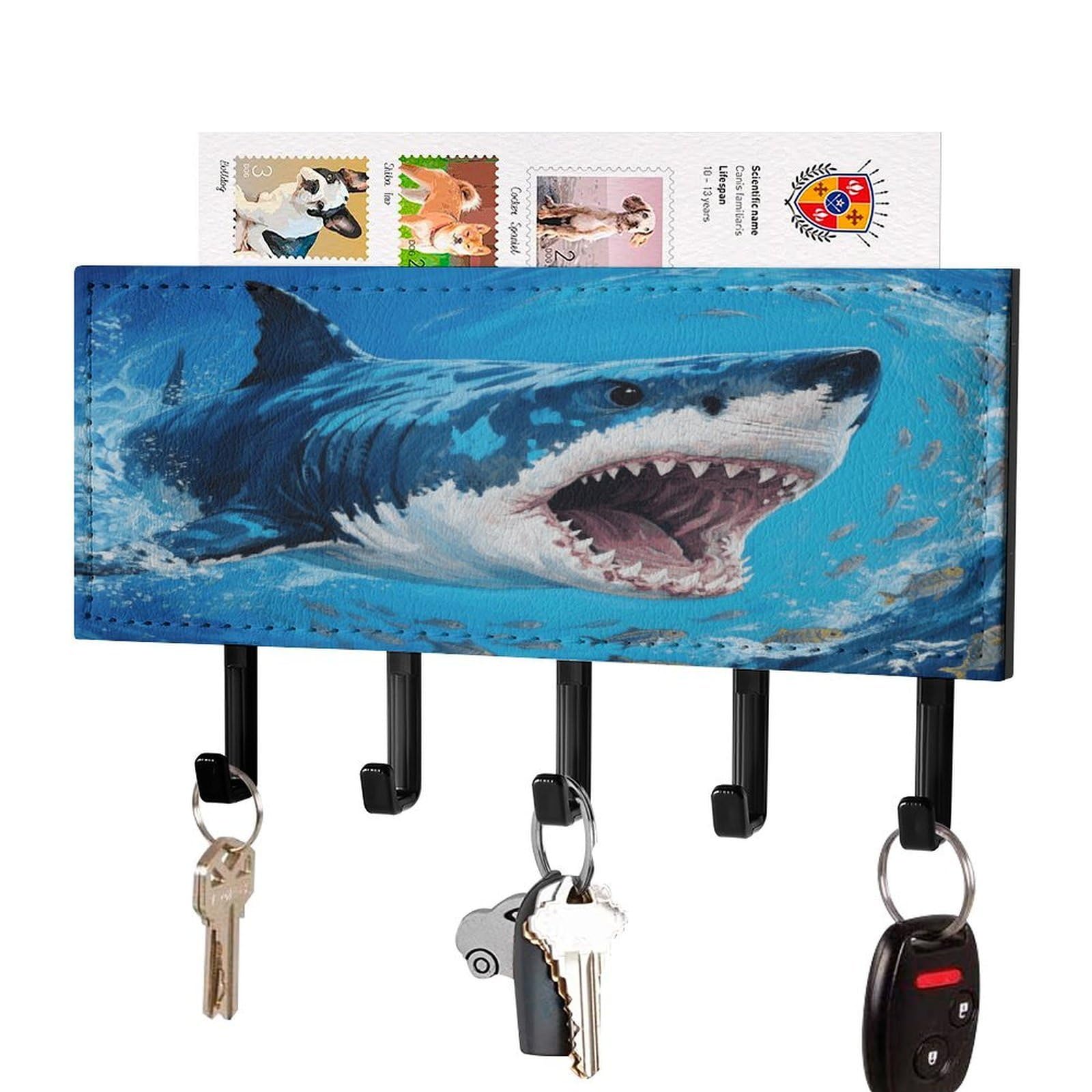 FekiLoot Fiercely Shark Key Holder for Wall Decorative Mail Organizer with 5 Key Hook Self Adhesive Key Rack with Tray Coat Rack Wall Mount Key Hanger Decor for Entryway Door