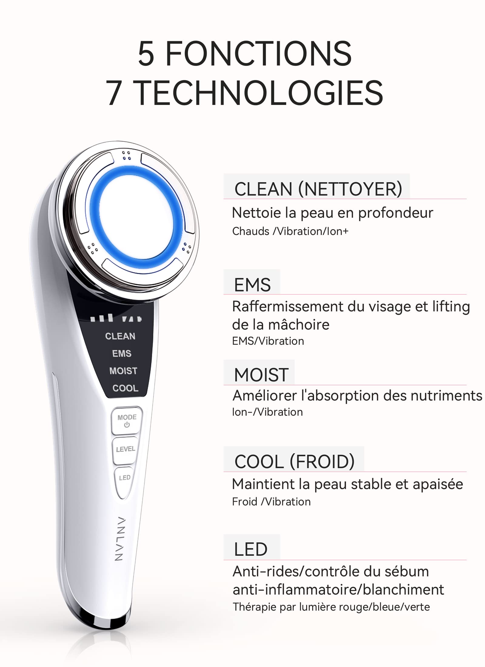 ANLAN Appareil Anti Rides, 5 en 1 Dispositif de Beauté anti-âge, Appareil pour Soin Visage, Nettoyage en Profondeur, Lifting Visage, avec Tampons Démaquillants