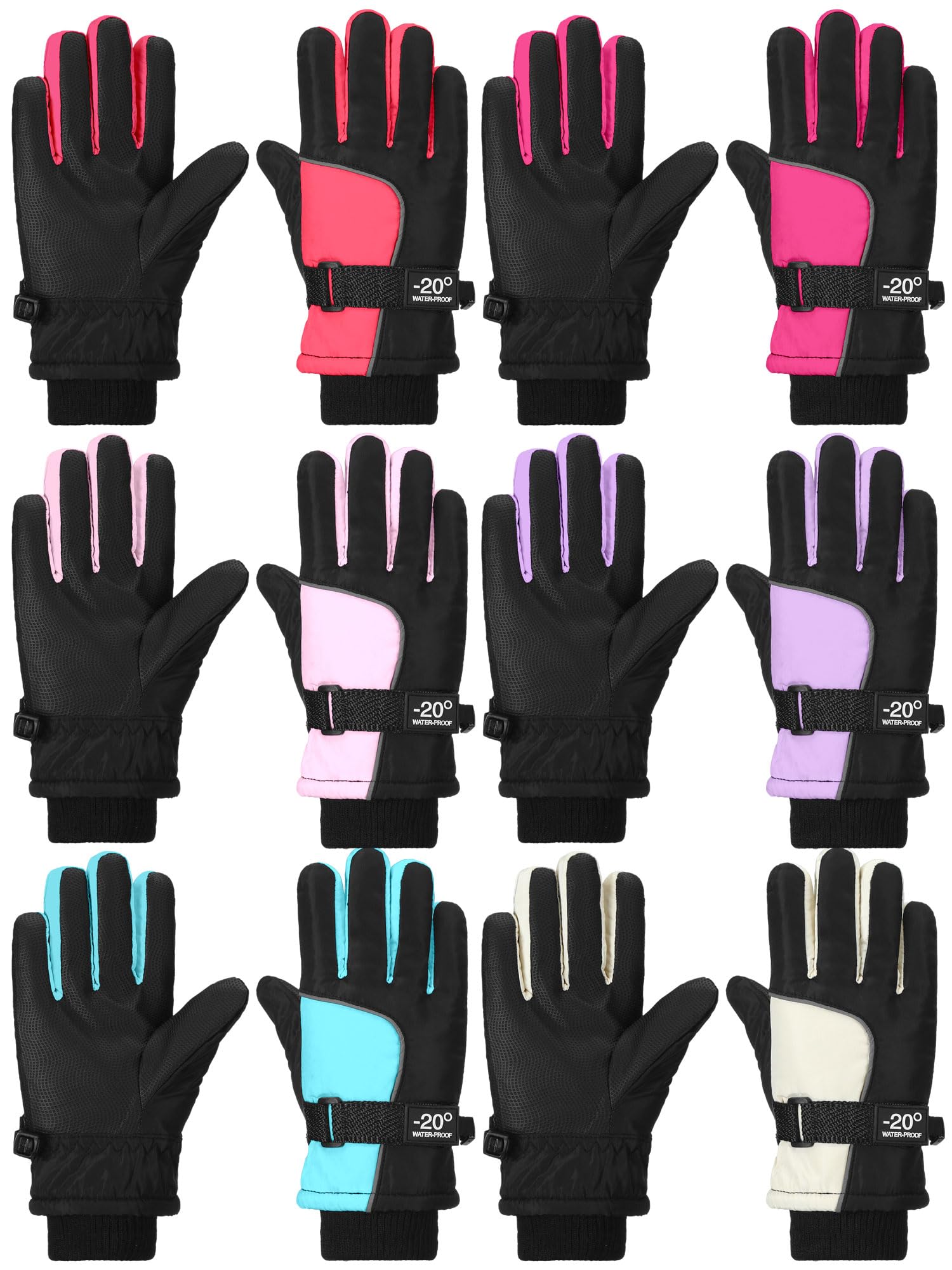 Bencailor 6 Paar Winterhandschuhe für Kinder, wasserdicht, Jungen, Schnee, Ski-Handschuhe, Mädchen, warm, winddicht, Fäustlinge für Kinder im Freien (grün, pfirsichrosa, beige, hellrosa, hellviolett