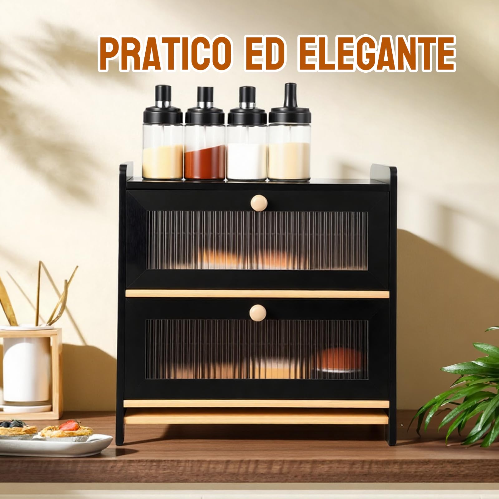 HAUSPROFI Scatola per il Pane in Bambù 2 Ripiani, Scatola per Pane in Legno con Tagliere, Ventilazione, Finestra Ondulata Trasparente, Elegante, 40x25x40cm Grande, Nera