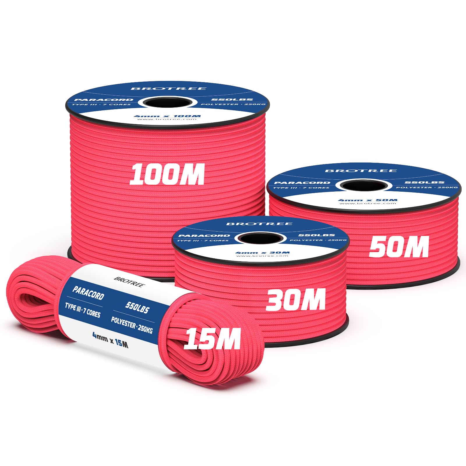 Brotree 550 Paracord 4mm 30m Rope Type III 7 Strands 100% Polyester Parachute Cord for Crafting, Camping, Outdoor, Survival - Rose Pink