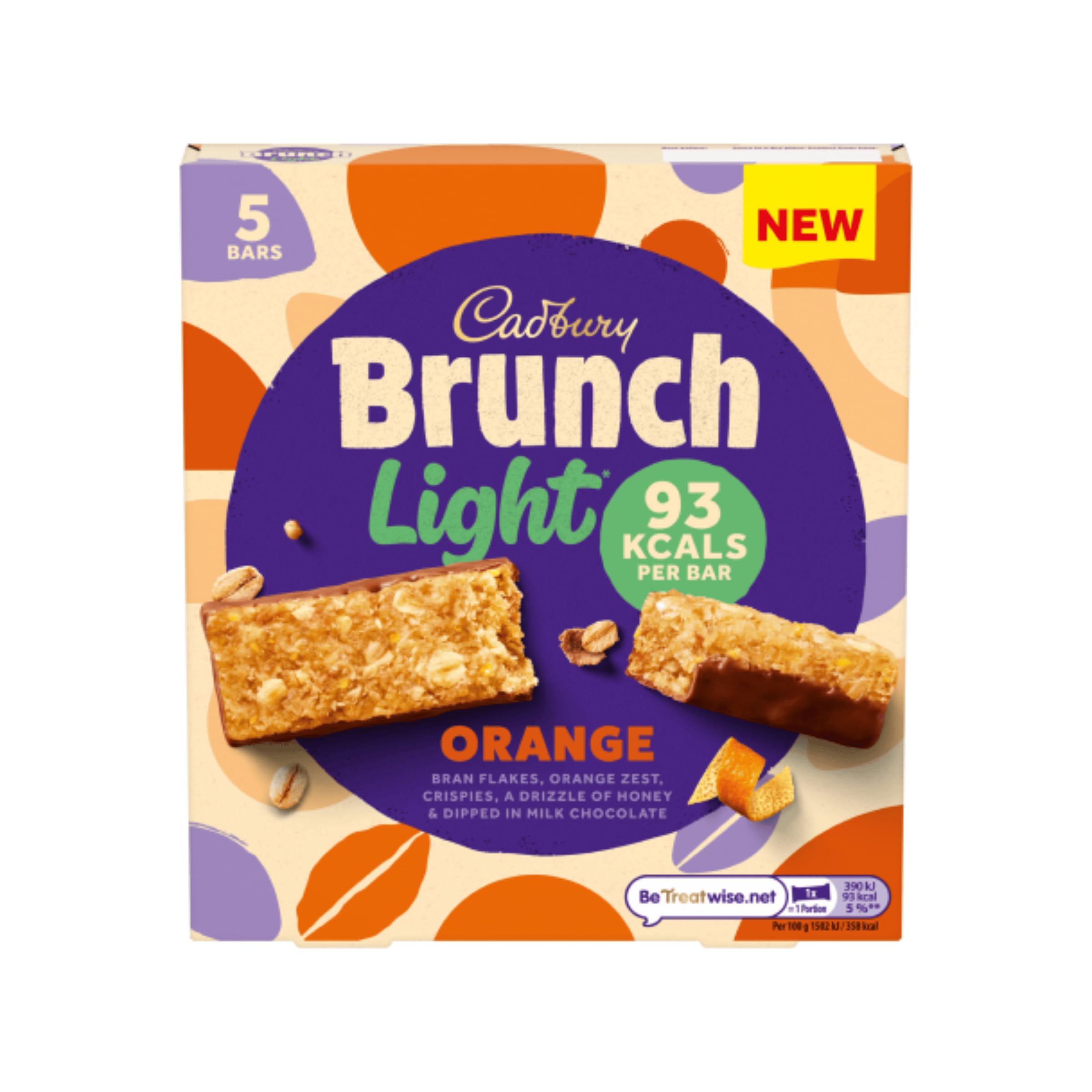 Cadbury Brunch Light Orange Flavour, Bran Flakes Orange Zest Crispies a Drizzle of Honey & Dipped in Milk Chocolate, 5 x 26 g (Pack of 1)
