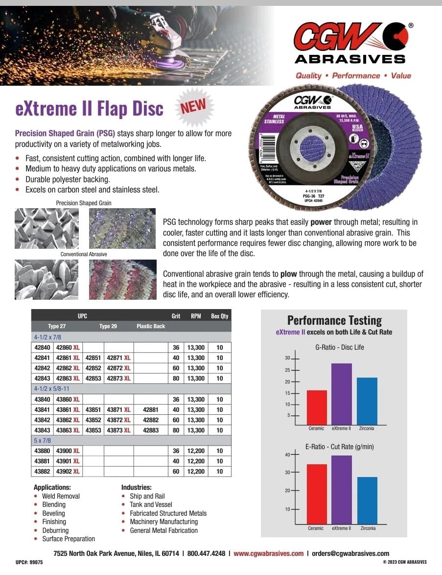 CGW Abrasives PSG Extreme II Flap Discs 42863-4-1/2 X 7/8 T27 PSG 80 XL (Pack of 10)