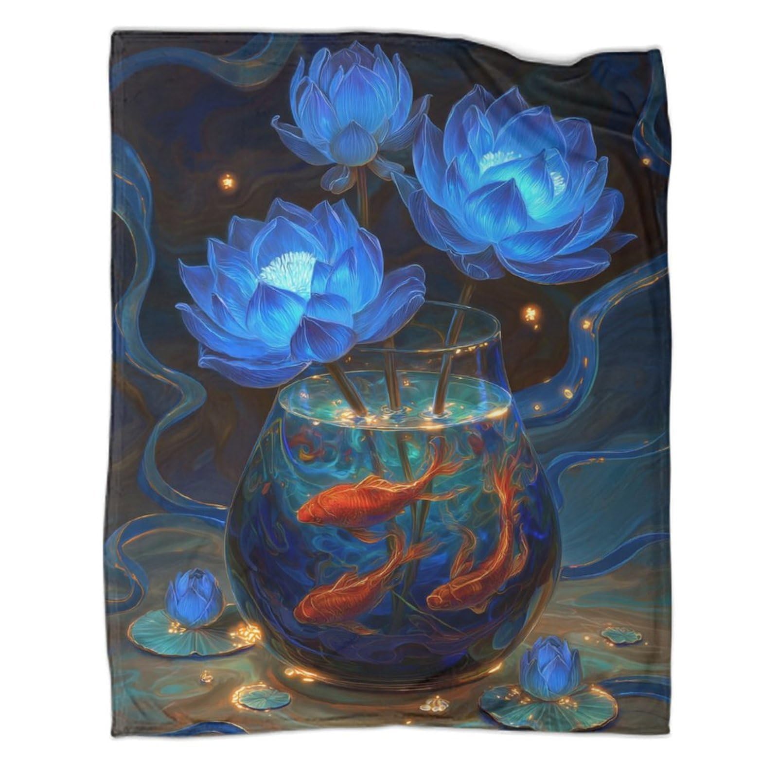 kaiyun A Glass Vase Holds Blue Lotus Flowers And Koi Fish. Pattern Blanket Novel Design Dormitory Soft Comfortable Fluffy Bedding Four Seasons 60x80inch(150x200cm)