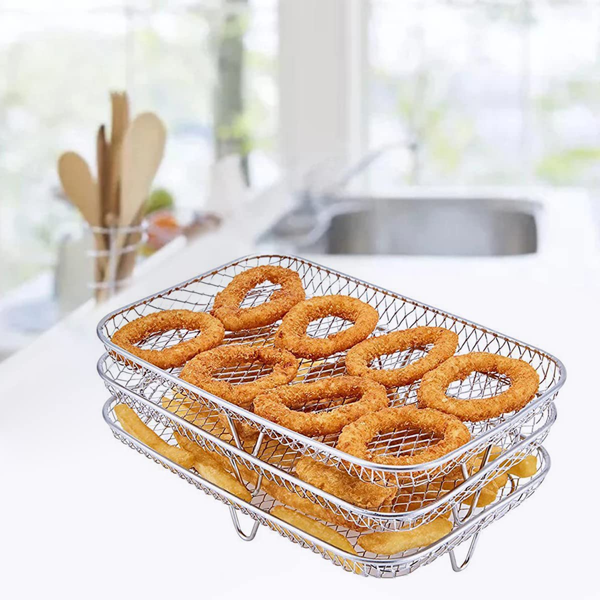 LAINIUTE 3 Pcs 304 Stainless Steel Air Fryer Rack Detachable Stackable Air Fryer Tray Multi-Purpose Air Fryer Basket Fit For Oven and Press Cooker Compatible with Most Air Fryer (Rectangular), Silver