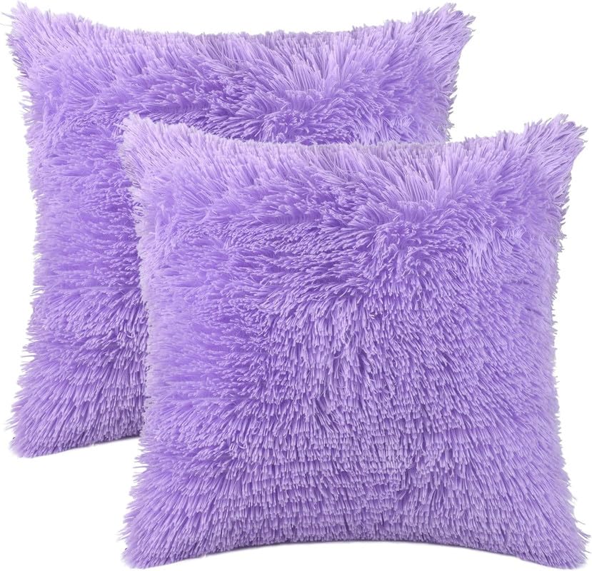 Image of RVA Faux Fur Throw Pillow Cover Pillowcase Decorative Throw Pillows Covers, No Pillow Insert for Sofa Bedroom Home Cushion Couch with Zipper Closure (Purple, 12x12 Inch) (Set of 2)