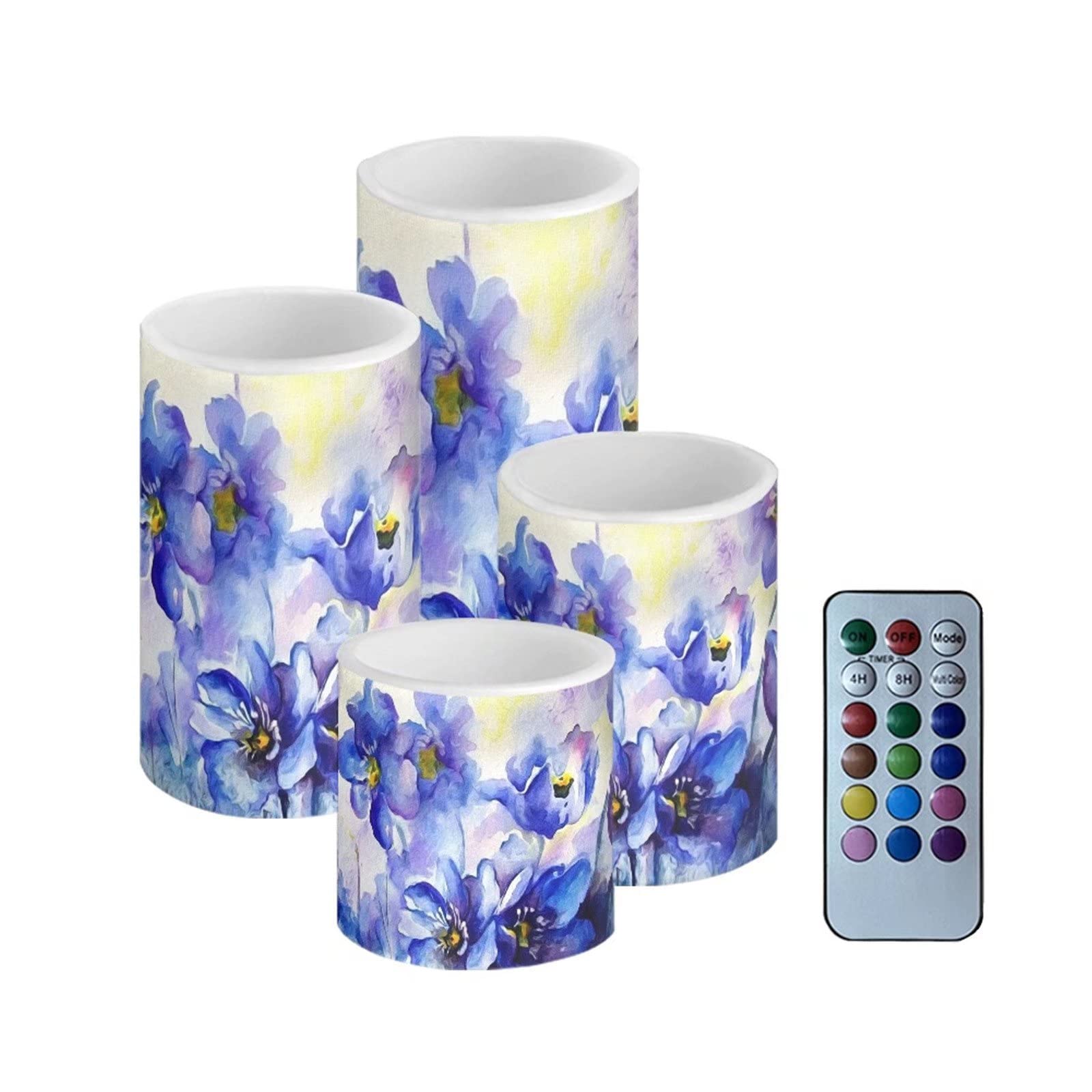 Showudesigns Blue Purple Flower Flameless Votive Candles,Flameless Flickering Eclectic Fake Candles,4 Pack Battery Operated Pillars Tea Lights Candles Girly LED Candles