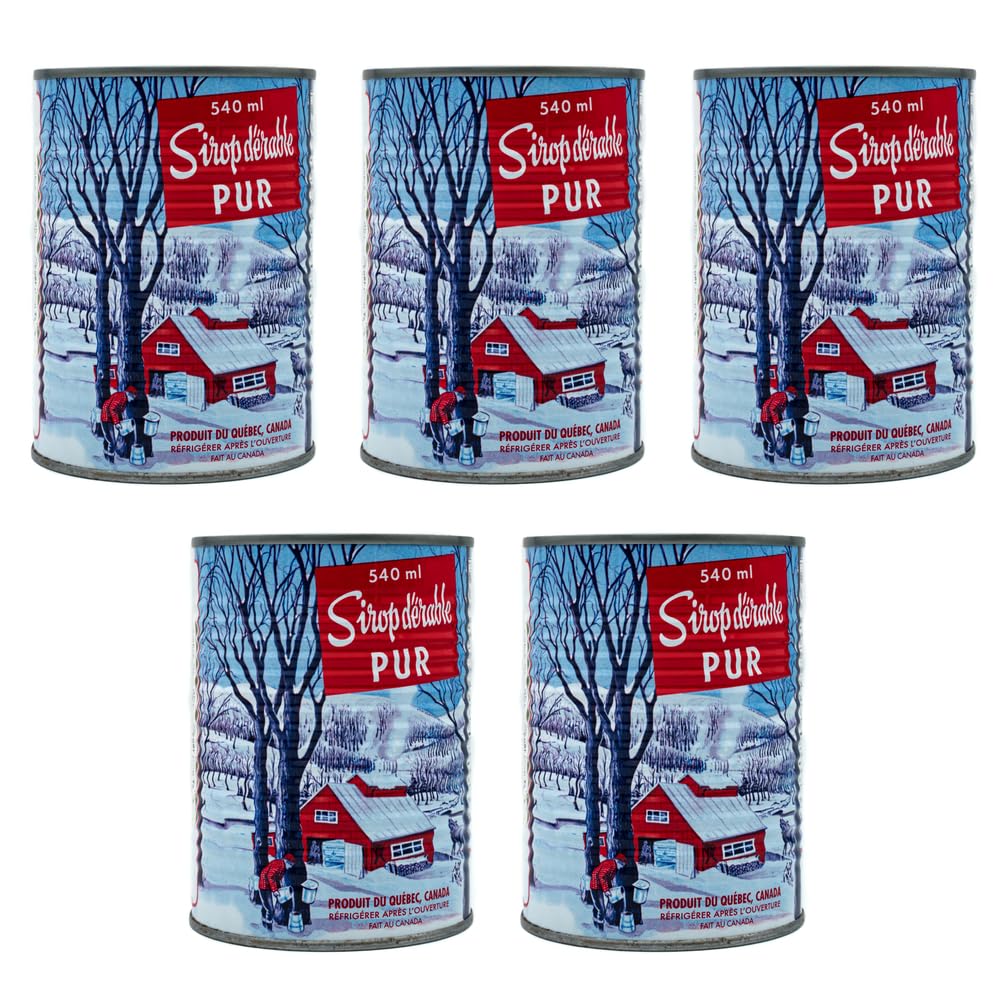 Pack de 5 conserves de sirop d'érable ambré du Québec - Pur à 100% - Canne de 540ml x 5 unités