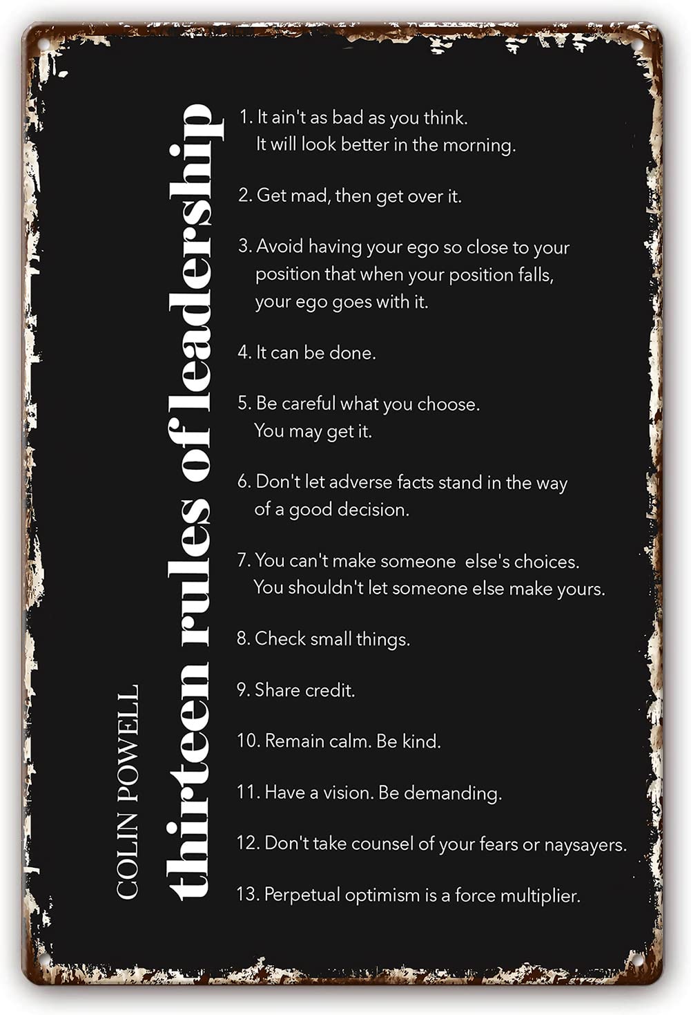 Colin Powell Quotes Wall Art Metal Sign Prints Leadership Thirteen Rules Poster for Room Decor Pictures Aesthetic Paintings for Bathroom Modern Decorations 6x8 Inch
