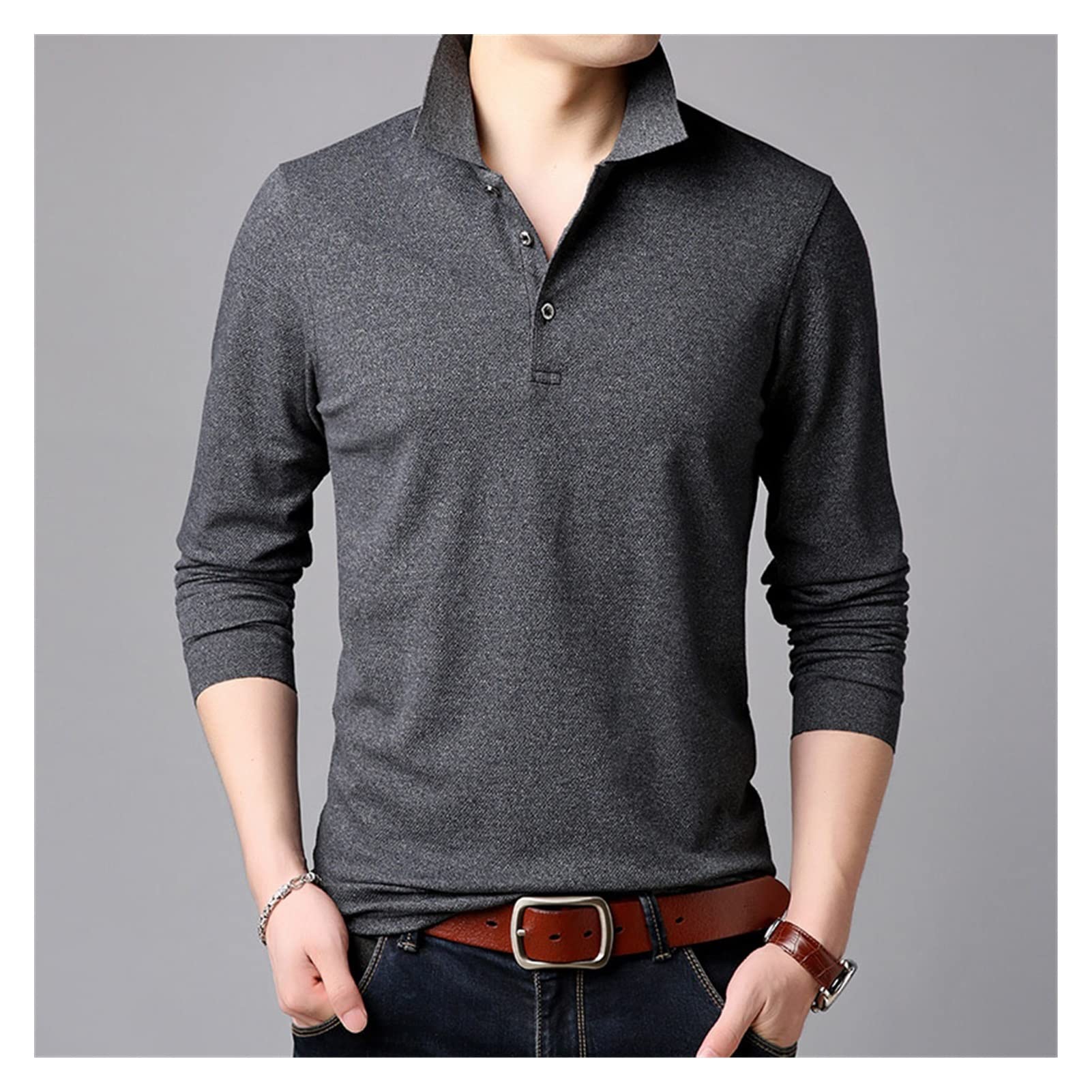 Koszula męska Jednokolorowa, z długim rękawem, slim fit, koreańska chłopięca koszulka polo, Casualowa odzież męska (kolor: A, rozmiar: kod M) (kod A 3XL)