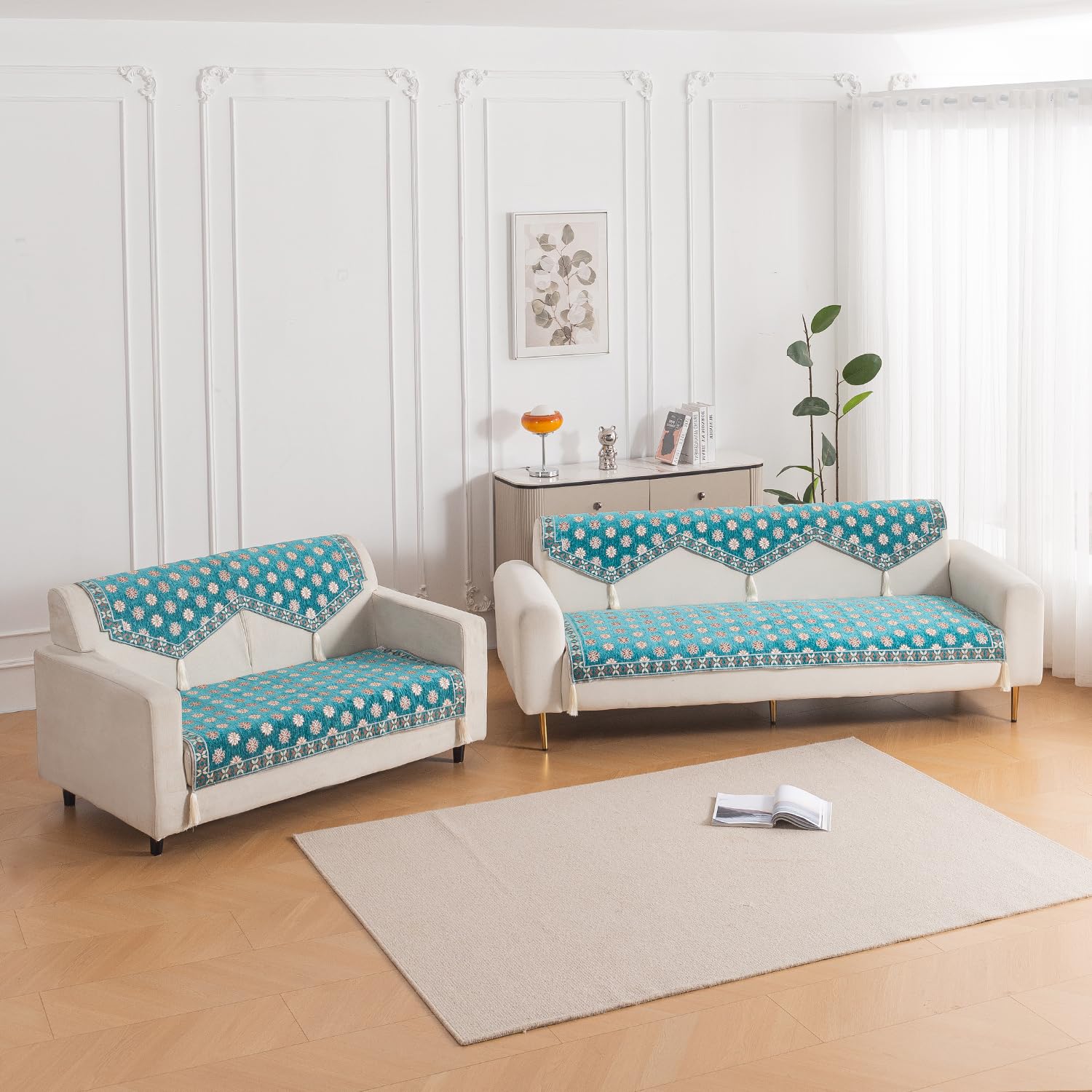 HOKIPO 'Heritage Weave' Premium Jacquard Sofa Cover 3 Seater and 2 Seater Set with Tassels – Washable 5 Seater Sofa Cover (3+2) for Seat & Back | Emerald Teal (IN-831-859 + IN-830-858-BLU)-image-40