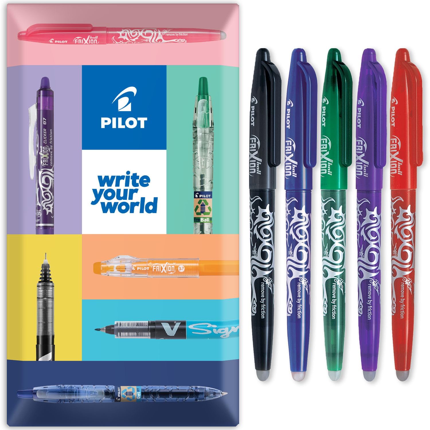 Pilot Frixion Heat/Friction Erasable Rollerball Pen FR7 - Medium Line 0.7mm Tip Nib - Essential Wallet Pack of 5 - Black, Blue, Red, Green & Violet