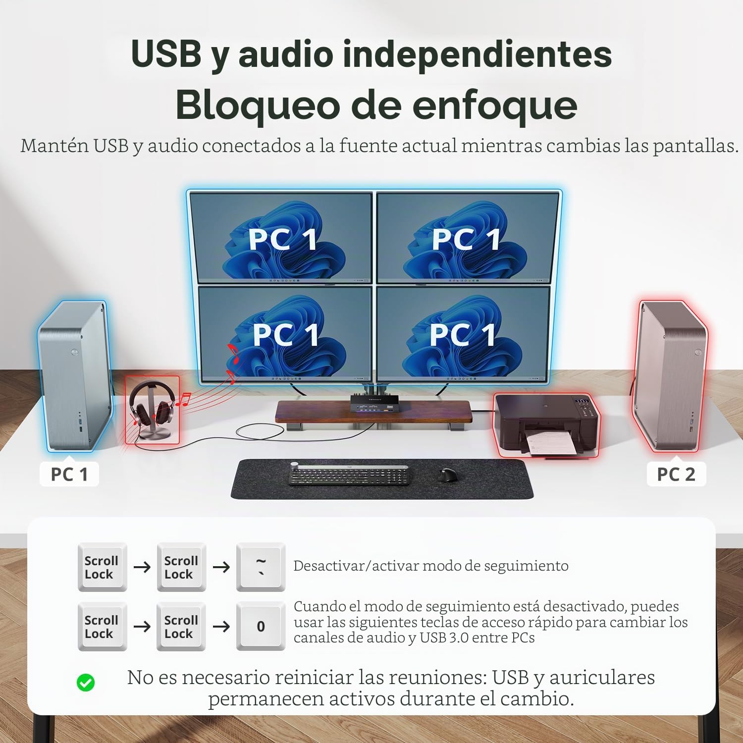 TESmart 4K@60Hz KVM Switch 2 PC 4 monitores,DP+HDMI KVM Switch con USB 3.0, HDMI 2.0, puerto DP 1.2, emulador EDID, conmutación de teclas de acceso rápido personalizadas, Ethernet de 1 Gbps, control