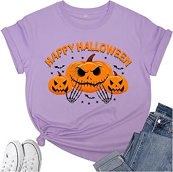Women's Halloween Shirt:Pumpkin Art Patterns Crewneck Short Sleeve Halloween Party T-Shirt