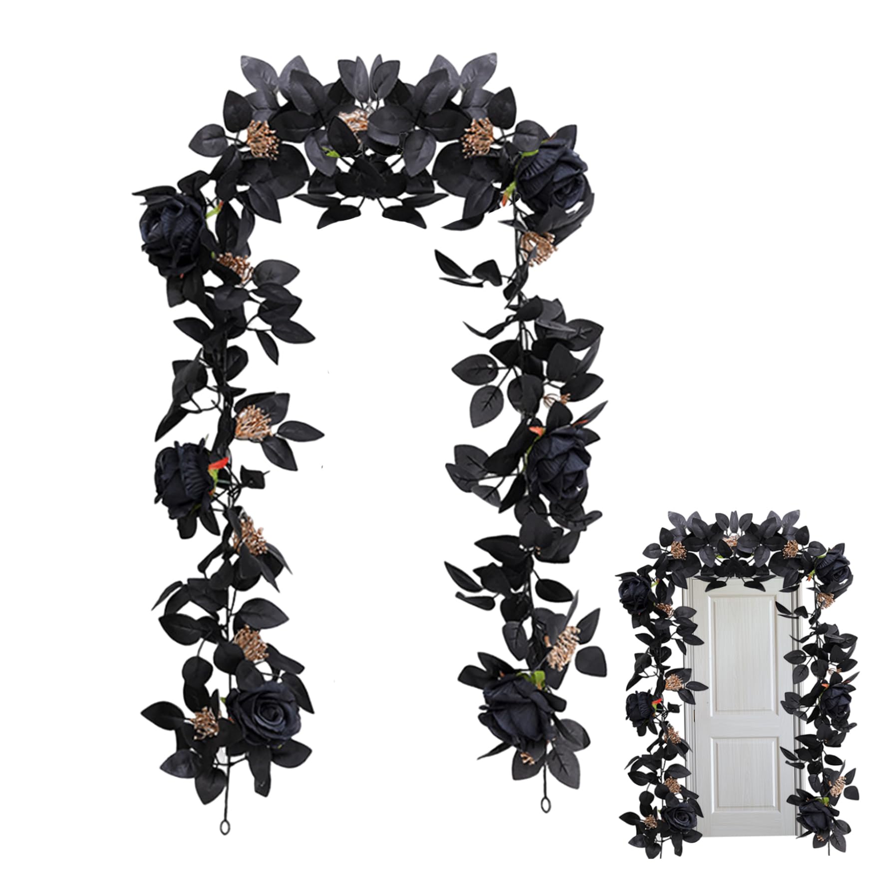 Guirnalda de rosas negras artificiales de 69 pulgadas con hojas para decoración de Halloween