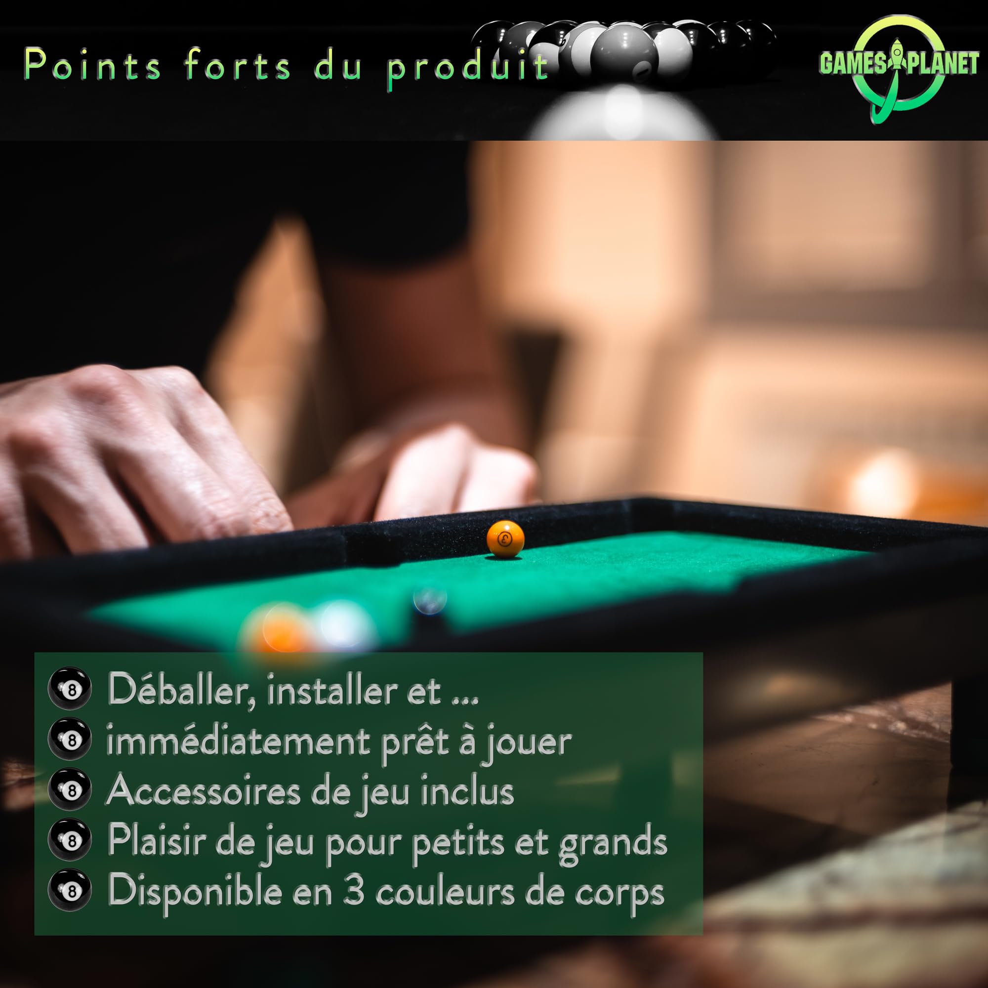 GAMES PLANET Mini Billard Nano avec Accessoires (2 queues, Boules, Triangle, Craie), 3 décors, Dimensions : 51 x 31 x 10 cm