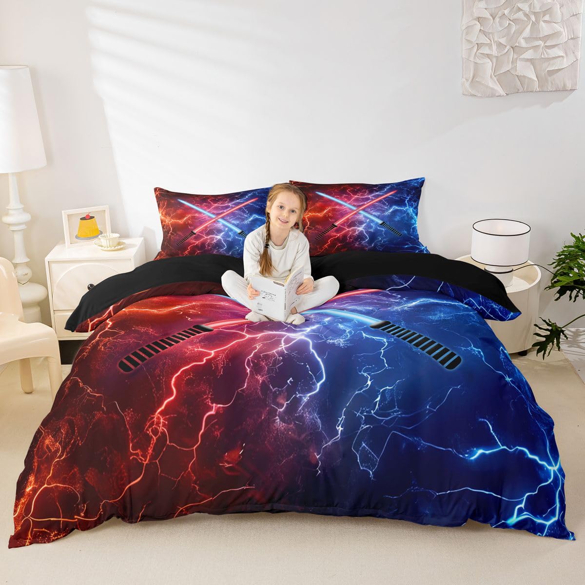 Blue Red Lightsaber Bedding Set,Lightning Galaxy Duvet Cover for Kids Teens Boys Girls,Neon Video Games Comforter Cover Decorative Room,Cool