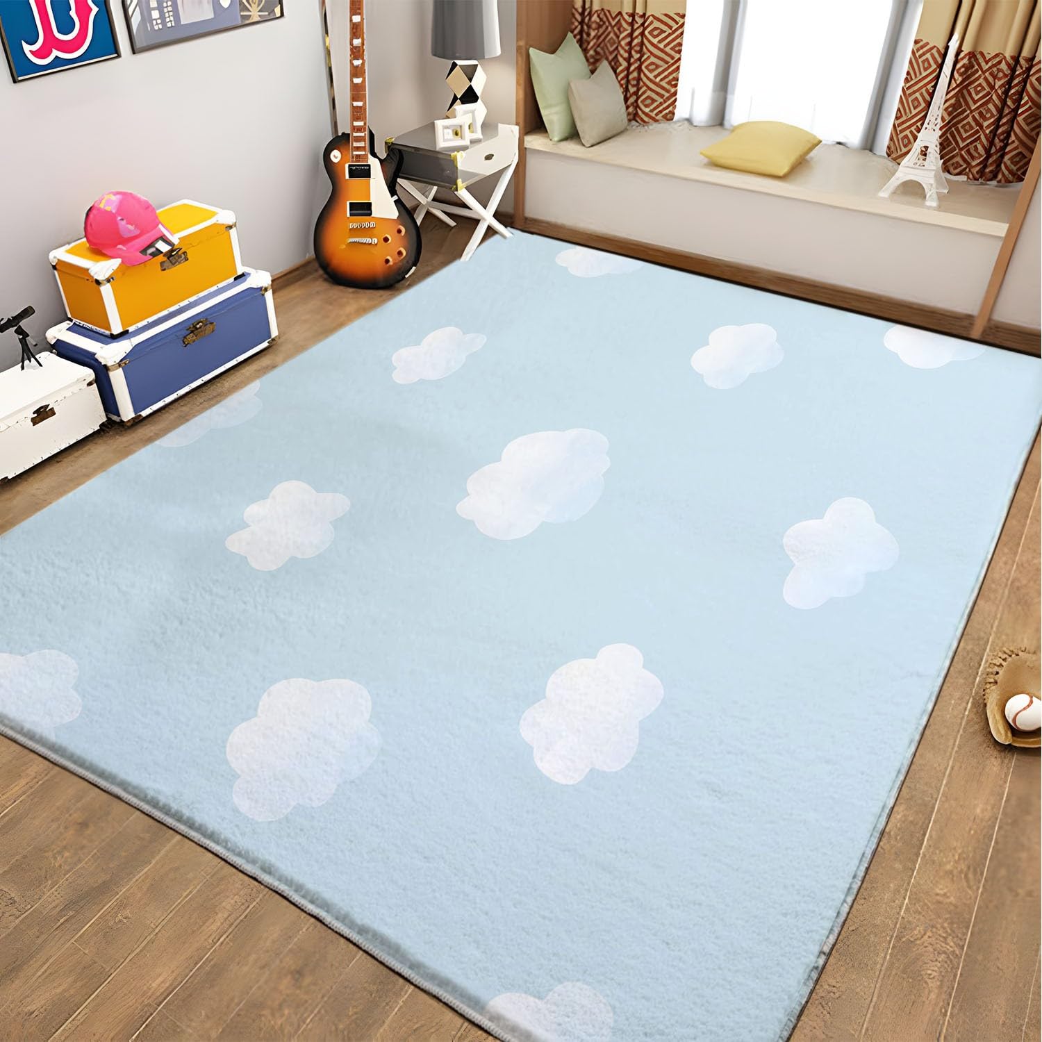 Tapis pour Salon Moquette 120cm x 180cm Tapis Poils Ras Nuages Blancs, Fond Bleu Thème Soft Doux et Moelleux Tapis pour la Chambre à Coucher d'enfant Couloir