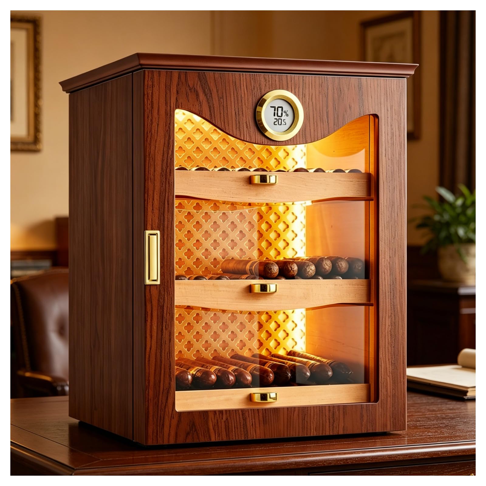 ZHENYUWANG Cigar Humidor, Made Of Natural Cedar Wood, With Built-In Humidifier, Suitable For Home Cigar Lovers, Holds Up To 130 Cigars Walnutcolor