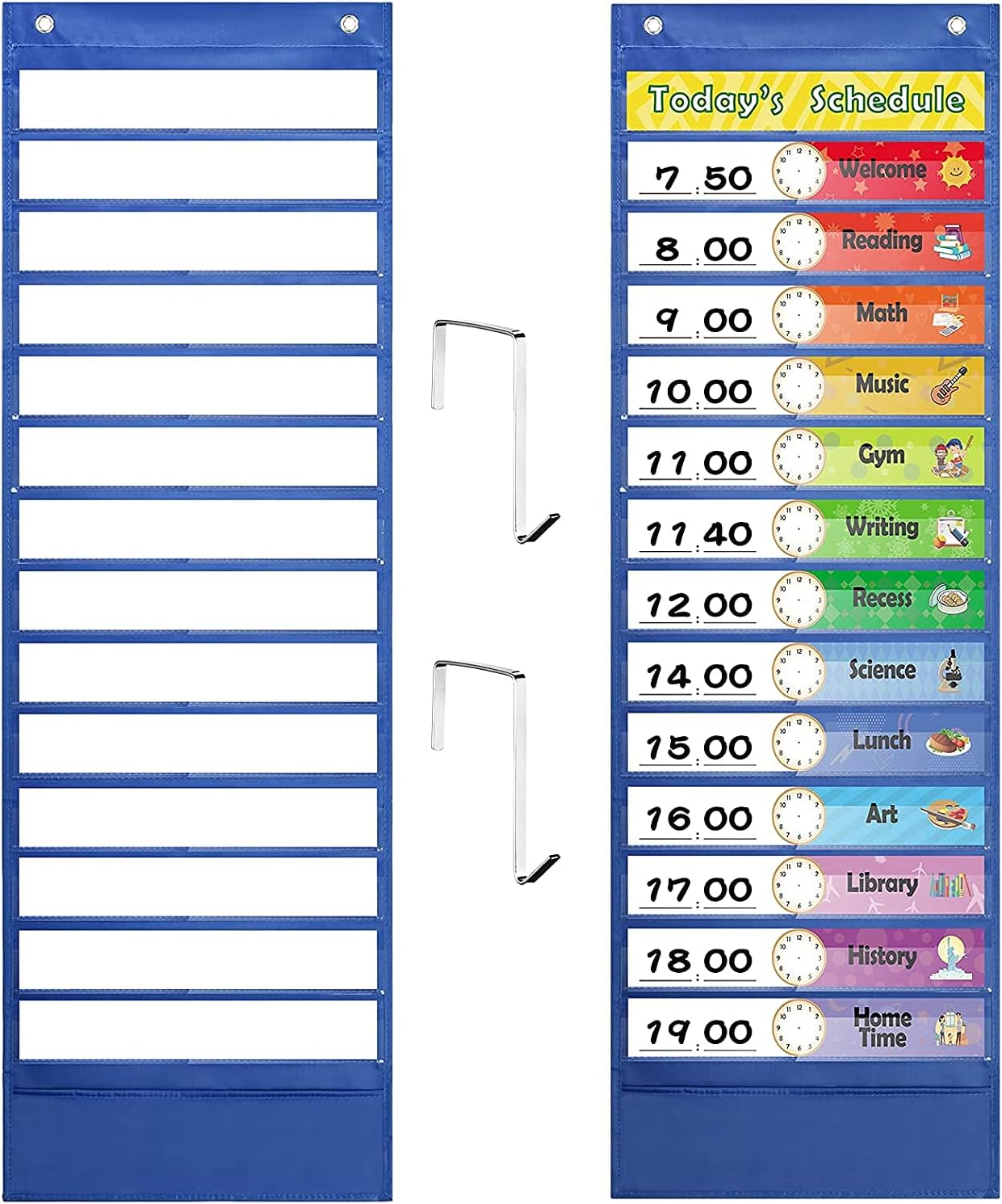 KASTWAVE Daily Schedule Pocket Chart, blue Visual Class Schedule Chart with 13+1 Pockets, 18 Reusable Dry Erase Cards (13 Colored and 5 Blank), Over-Door and Wall Hooks
