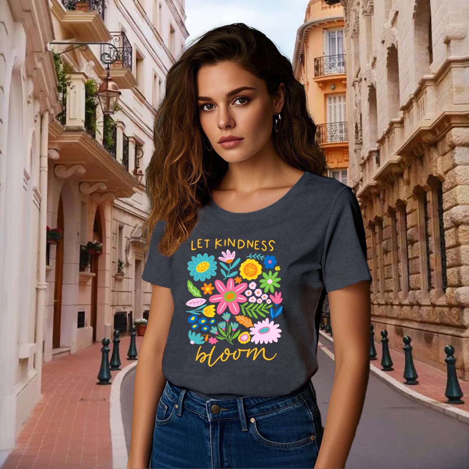 Be Kind Shirt Women Let Kindness Bloom T-Shirts Cute Floral Tee Tops - Image 2