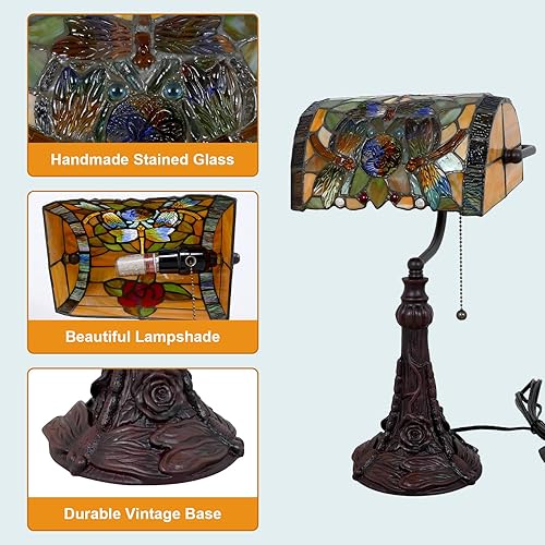 Miniatura 5 de Lámpara de escritorio antiguas con diseño de libélula de rosas, lámpara de mesa de banquero con cadena de tracción, lámpara de escritorio vintage