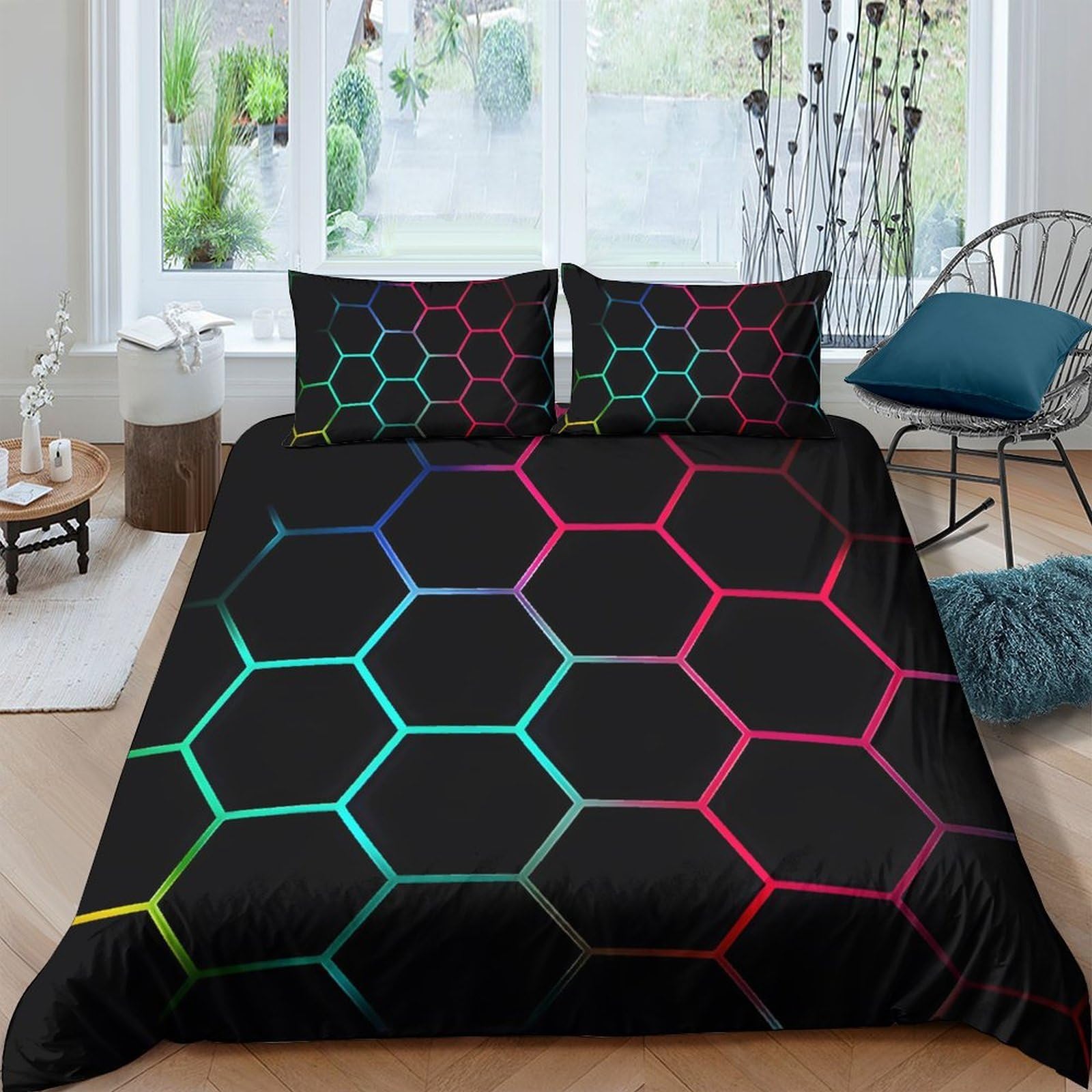 Ctjqhvkz Style-9 3D Printed Hexagon Pattern Fitted Sheet Microfiber Soft Black Rainbow Bed Cover For Bedroom Guest Room Decor Single（135X200cm）