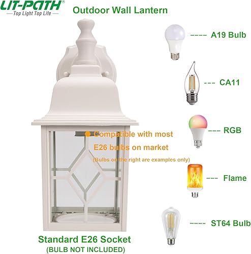 Miniatura 3 de LIT-PaTH Farol de pared para exteriores del atardecer al amanecer, lámpara de pared exterior grande blanca, base E26, iluminación de porche de