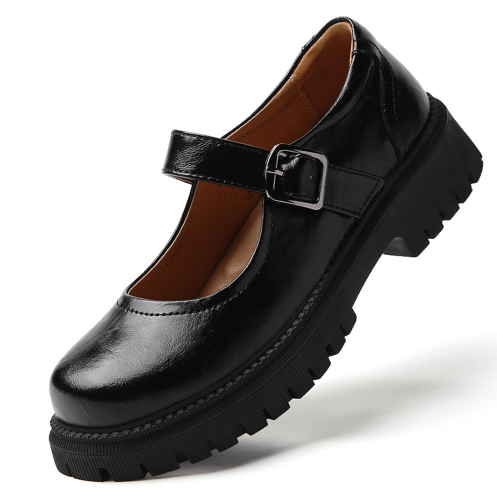 Mary Jane Shoes Women Platform Mary Janes for Women Ladies Chunky Maryjane Flats Non Slip Shoe Dress Casual Comfortable School Shoes, Black, 9-image-29
