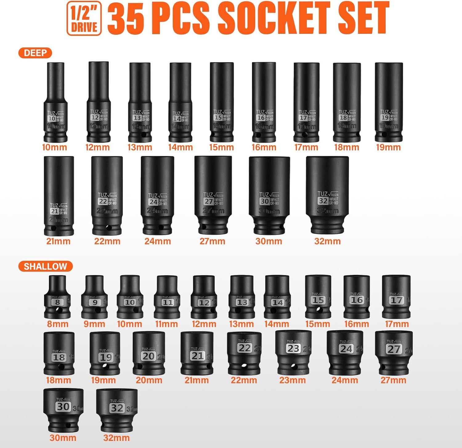 1/2 Drive Impact Socket Set, 35 PCS Metric Shallow (8mm-32mm) & Deep (10-32mm) Sizes, 6 Point, CR-MO Alloy Steel Axle Nut Socket for Auto Repair